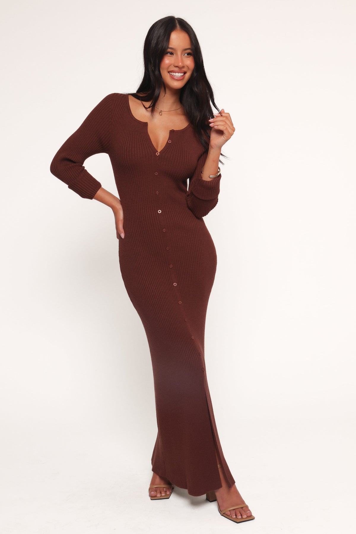 Marshall Button Through Knit Maxi Dress in Chocolate – view 5 of 6