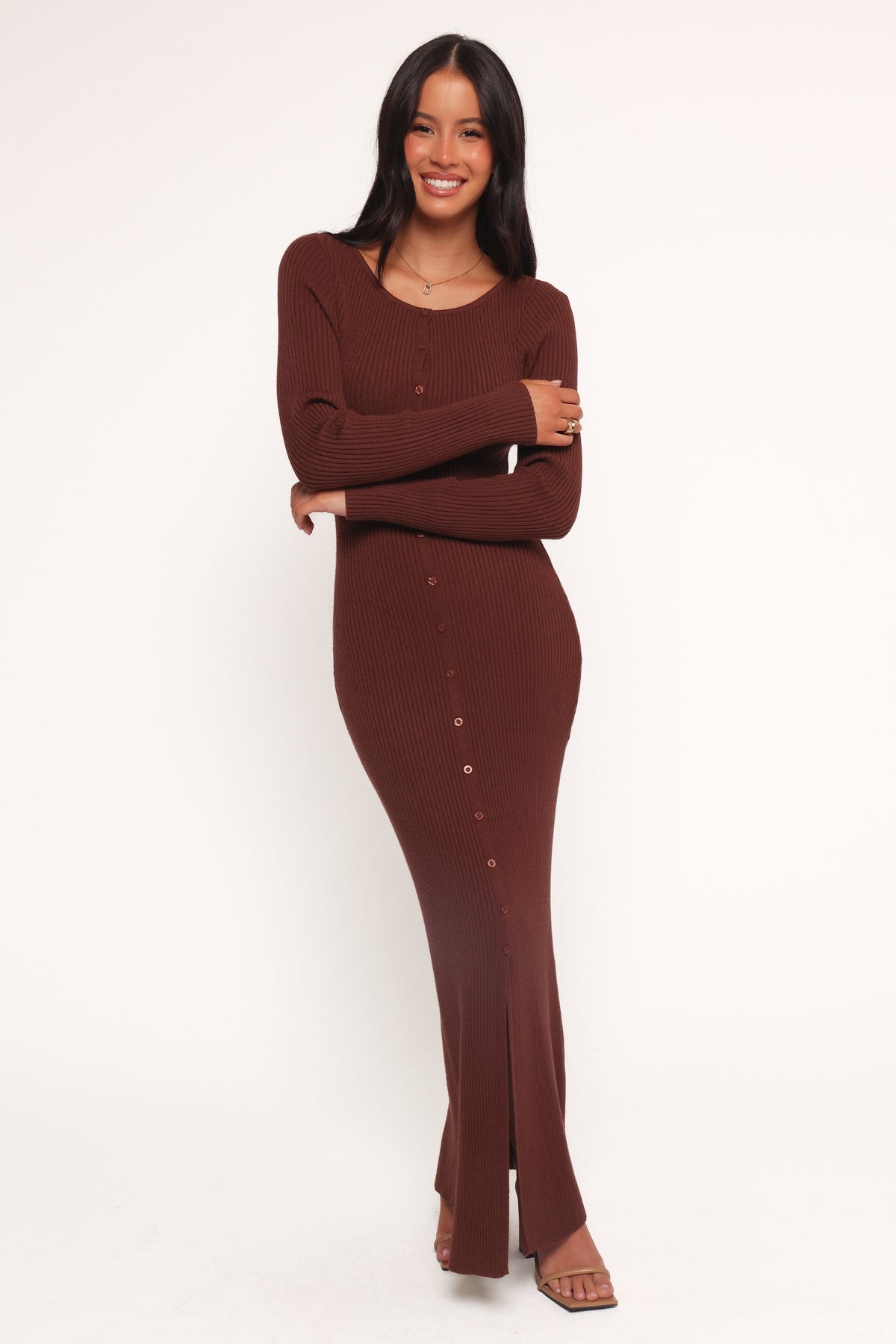 Marshall Button Through Knit Maxi Dress in Chocolate – view 1 of 6