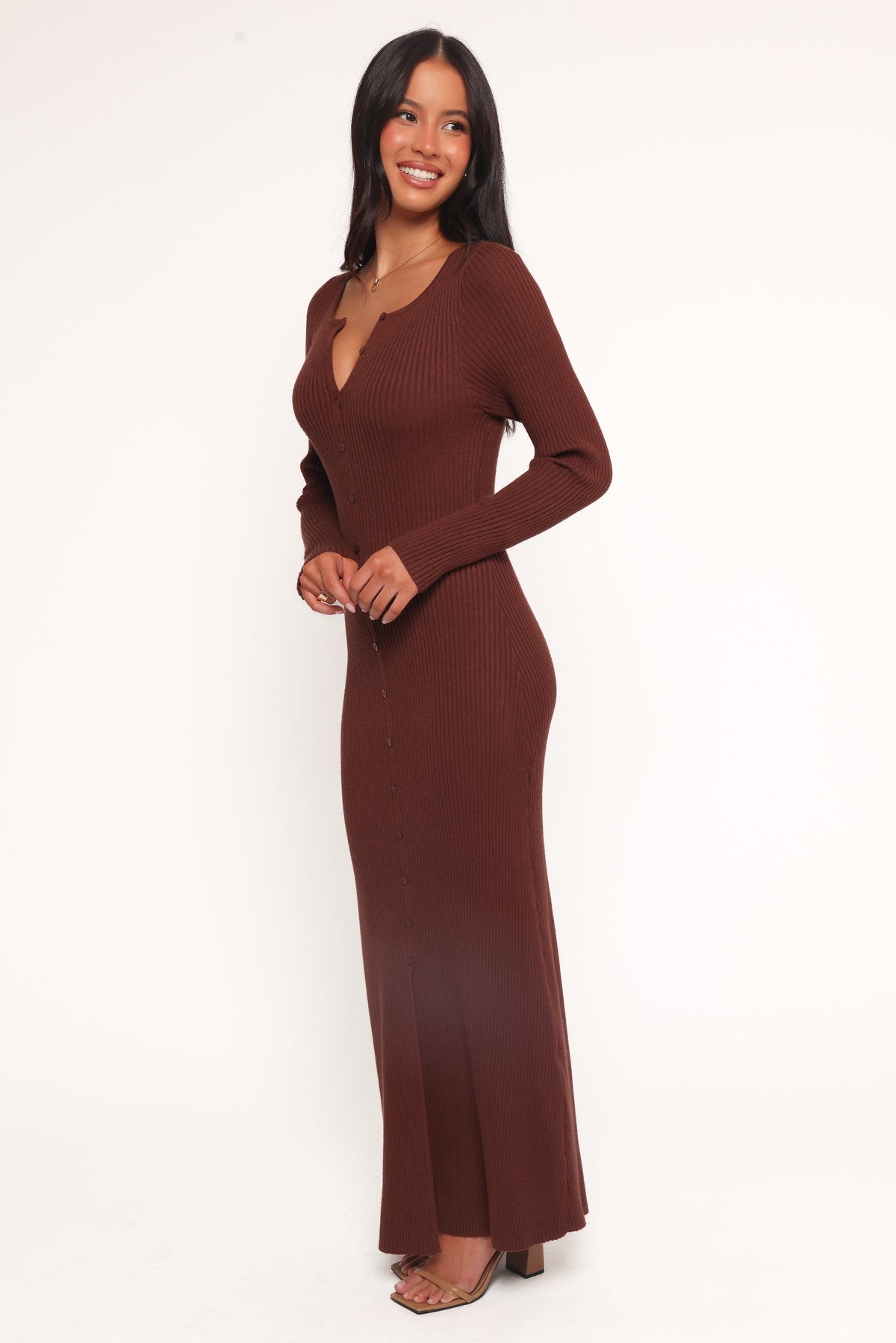Marshall Button Through Knit Maxi Dress in Chocolate – view 2 of 6