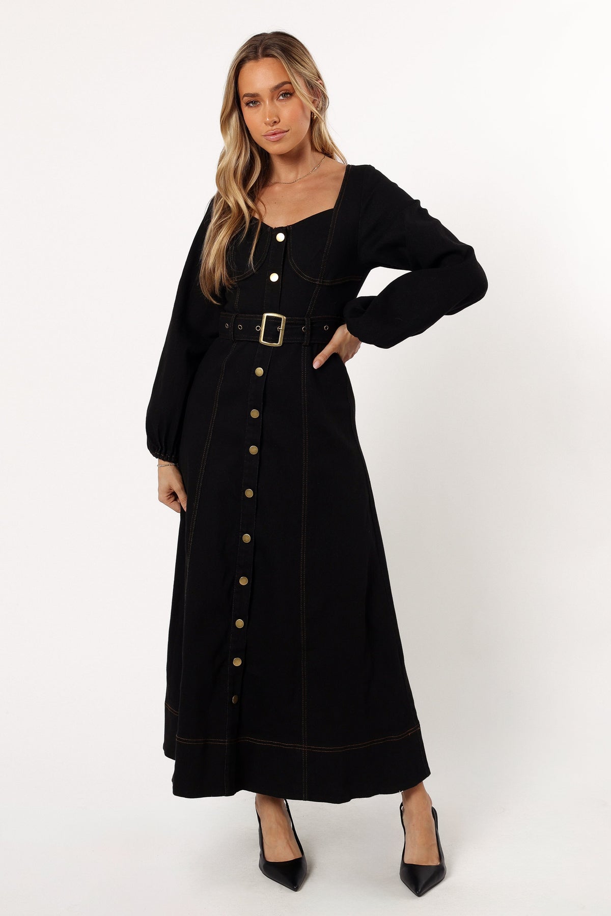 Mateo Long Sleeve Denim Dress in Black – view 1 of 7