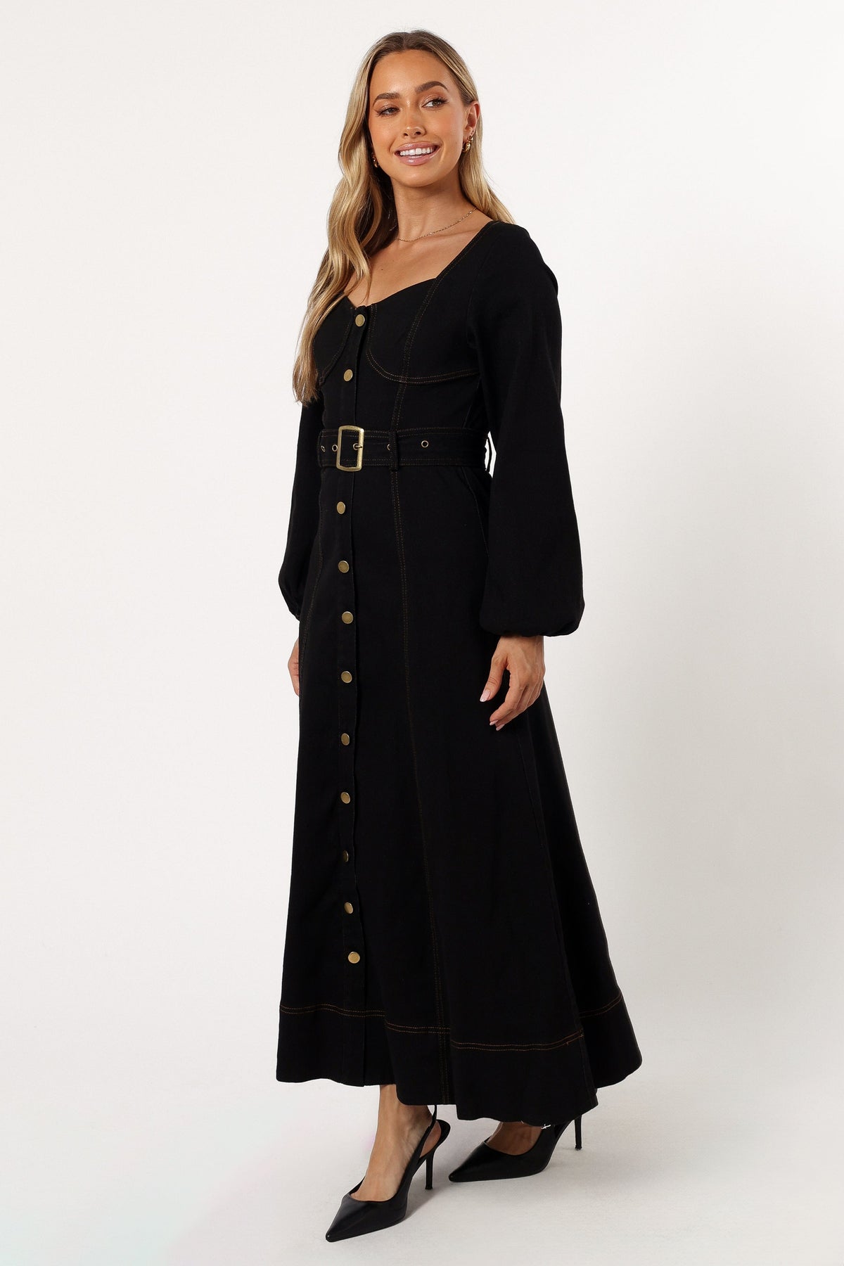 Mateo Long Sleeve Denim Dress in Black – view 2 of 7