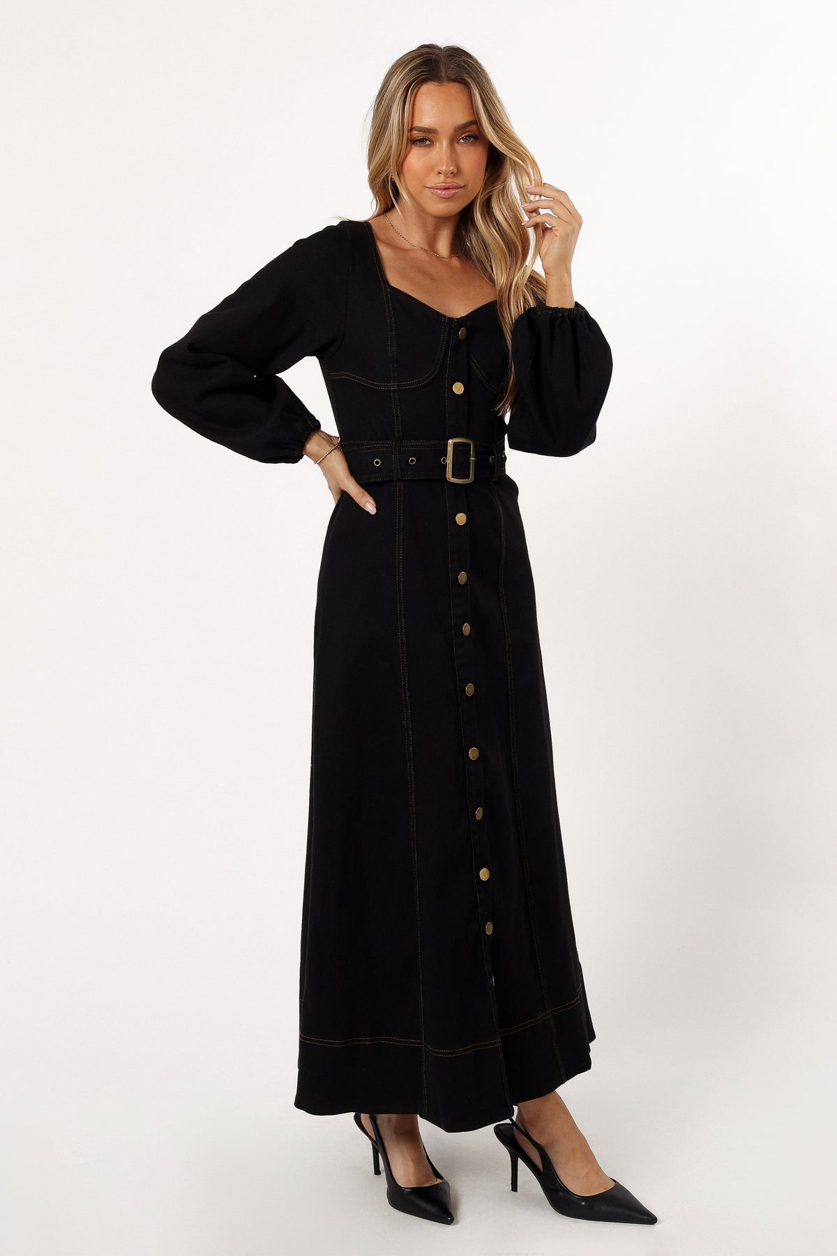 Mateo Long Sleeve Denim Dress in Black – view 4 of 7