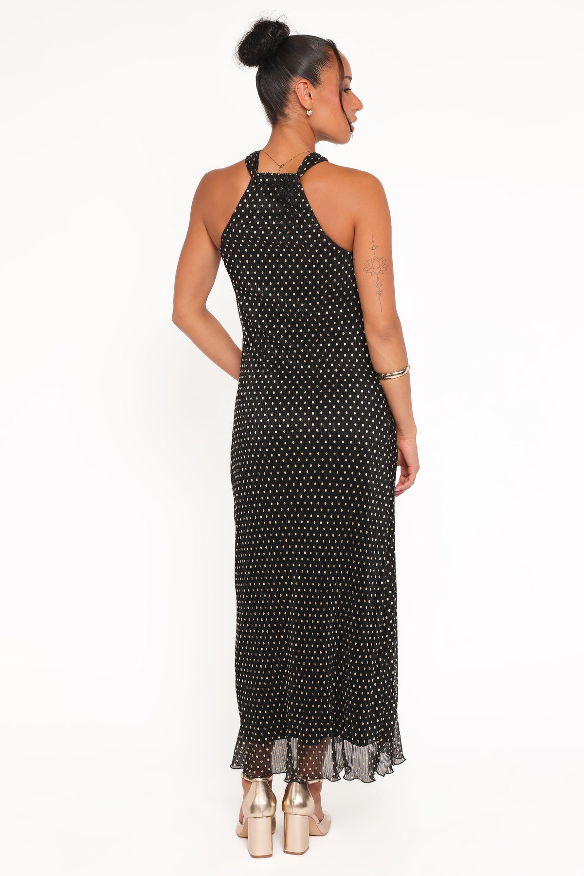 Melody Plisse Halter Maxi Dress in Black/Gold Polka Dot – view 5 of 7