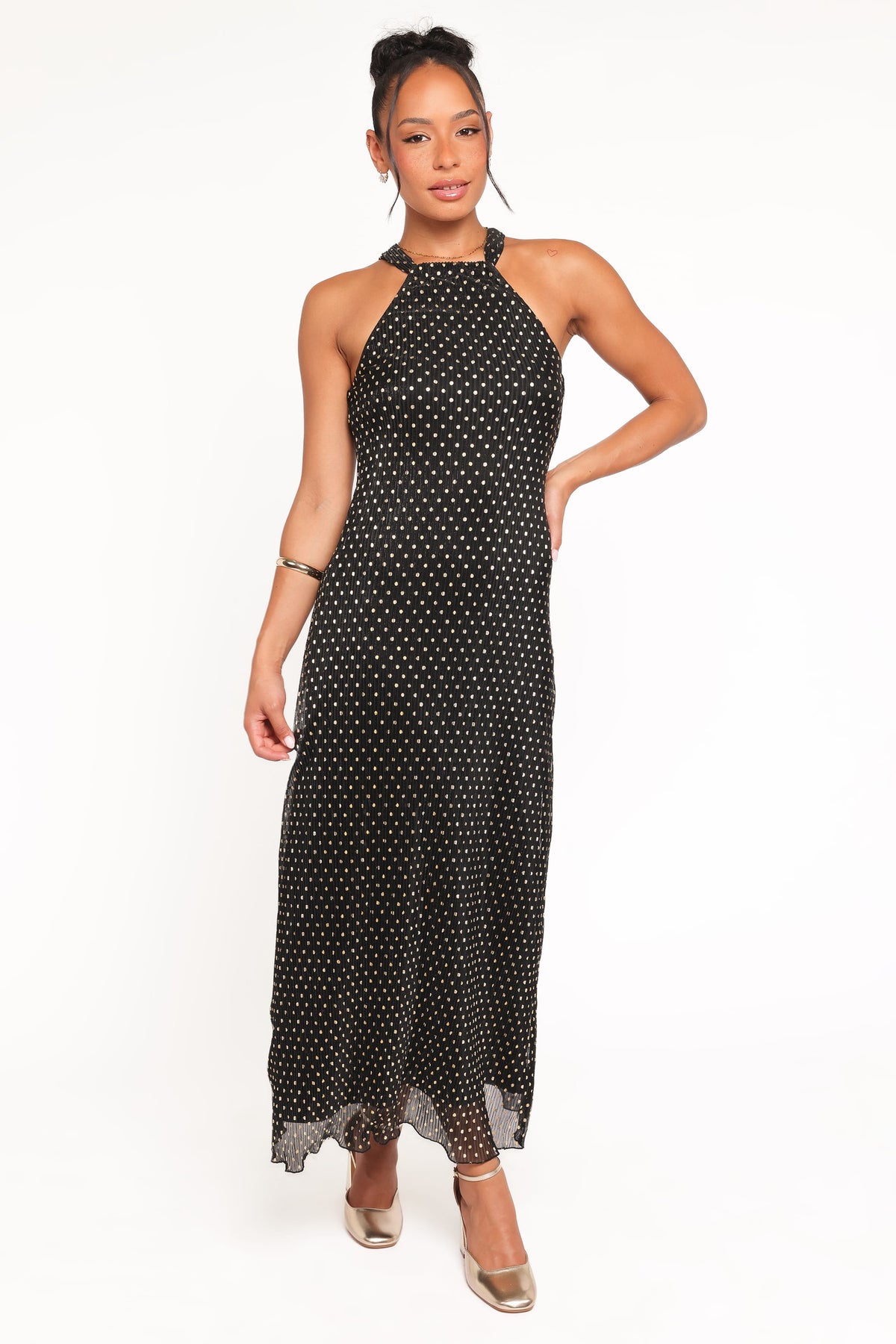 Melody Plisse Halter Maxi Dress in Black/Gold Polka Dot – view 2 of 7