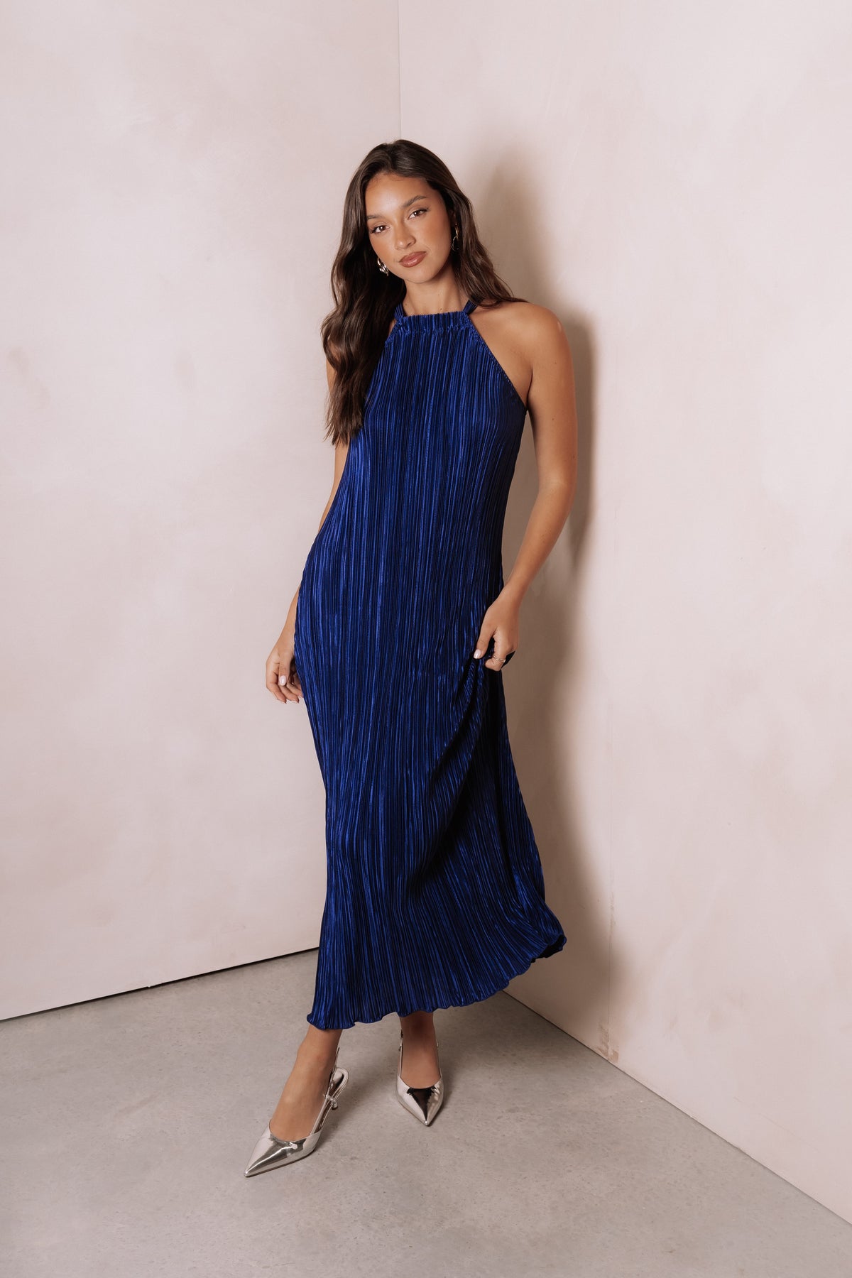 Melody Plisse Halter Maxi Dress in Navy – view 1 of 9