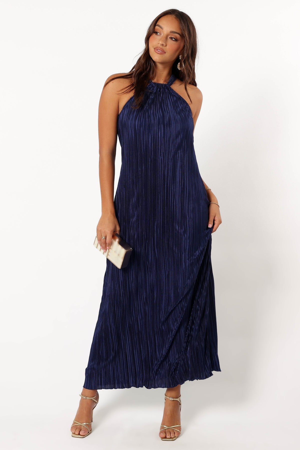Melody Plisse Halter Maxi Dress in Navy – view 3 of 9