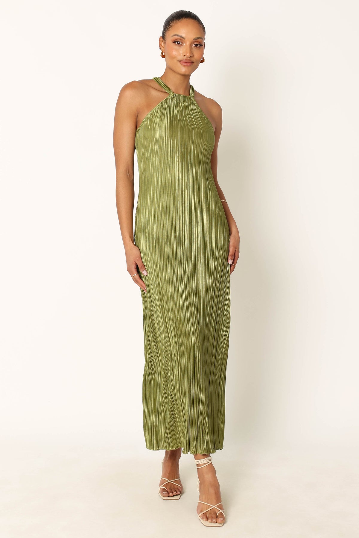 Melody Plisse Halter Maxi Dress in Olive – view 1 of 8