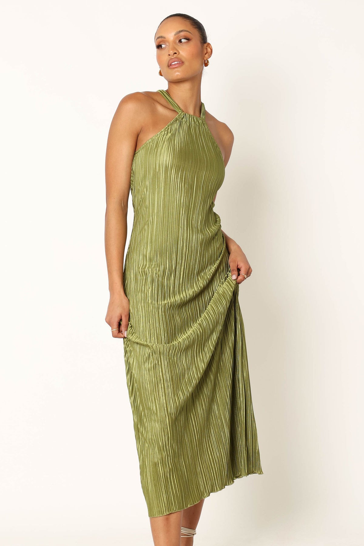 Melody Plisse Halter Maxi Dress in Olive – view 2 of 8