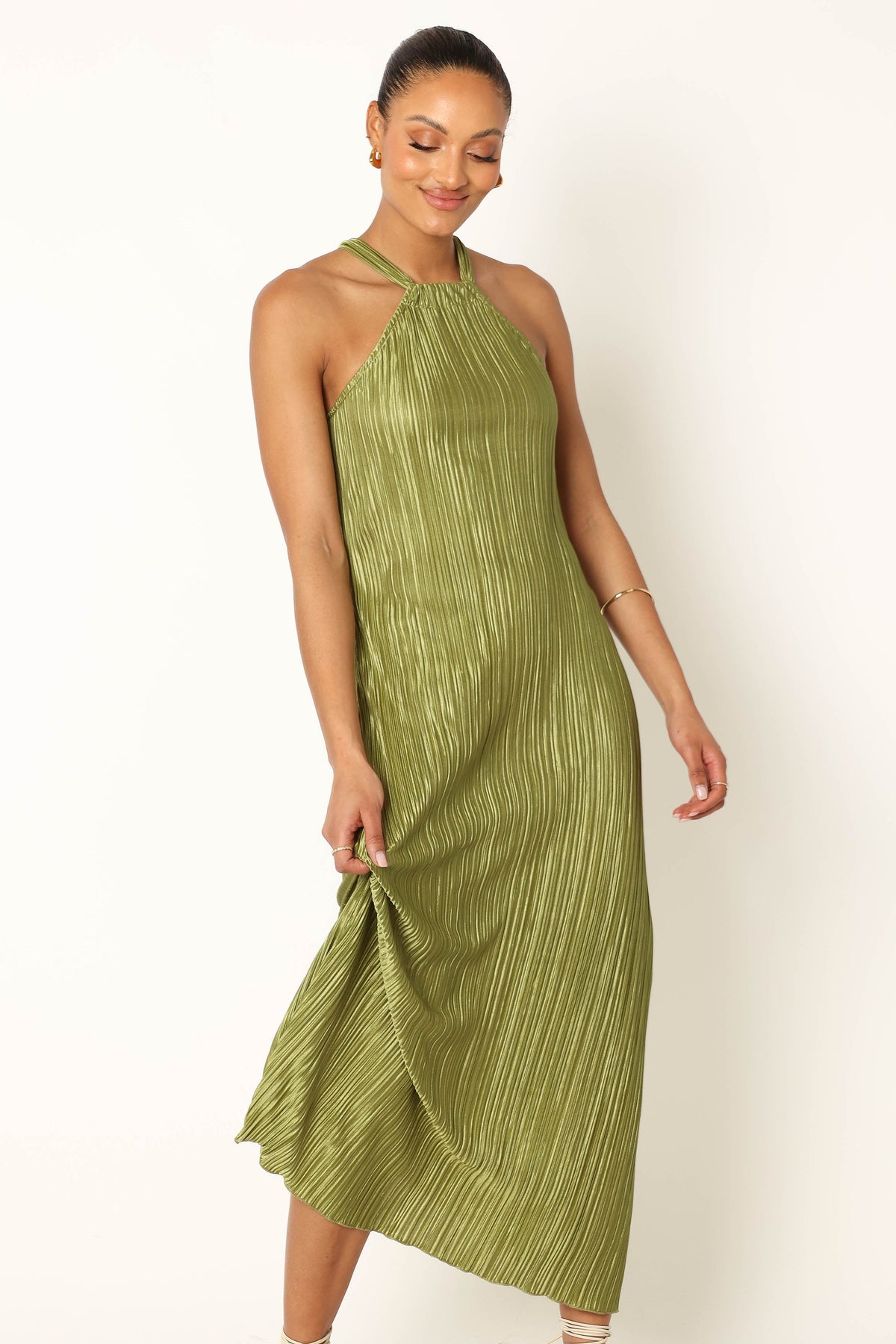 Melody Plisse Halter Maxi Dress in Olive – view 8 of 8
