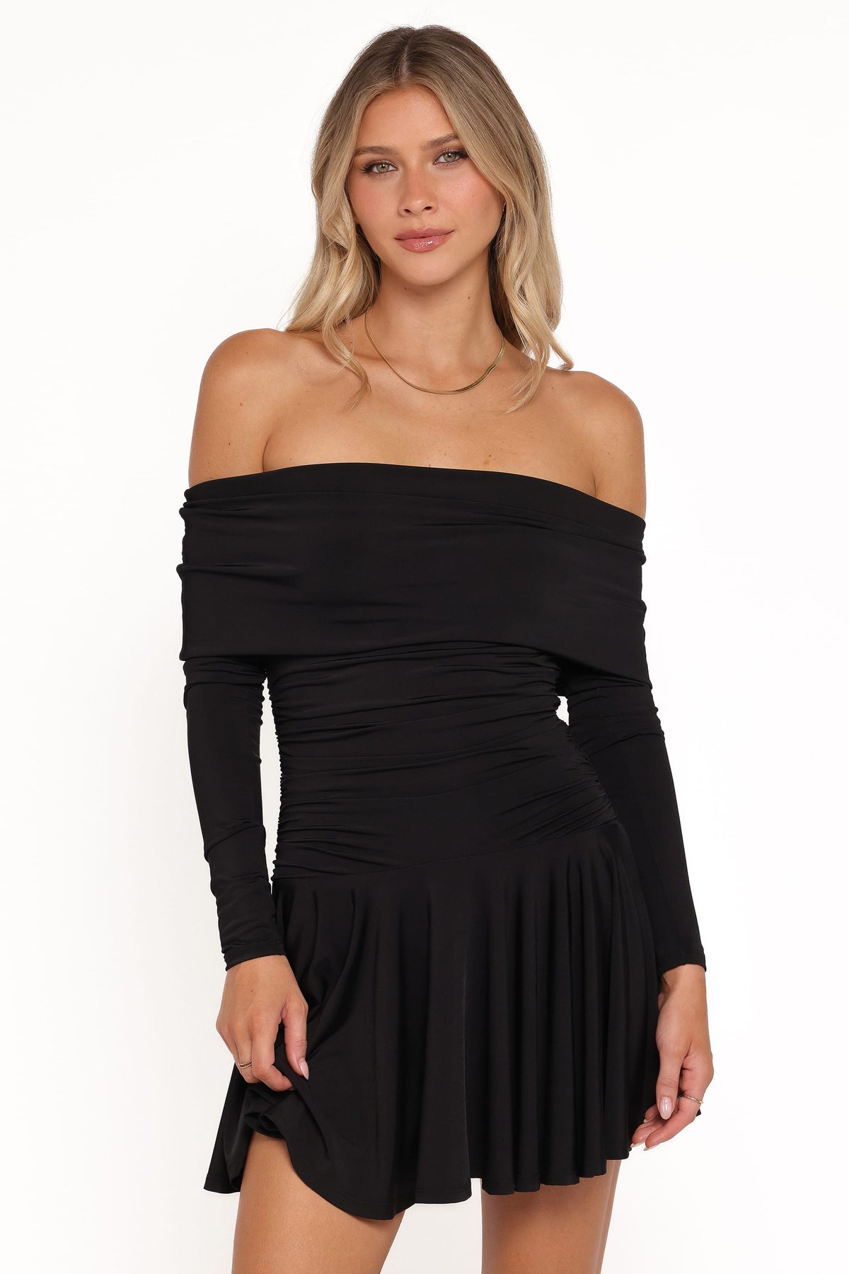 Messina Off Shoulder Mini Dress in Black – view 1 of 5