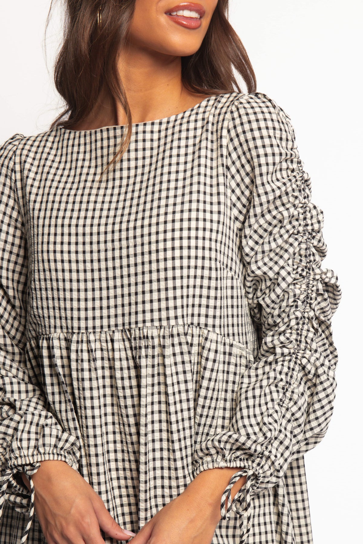 Micaela Long Sleeve Mini Dress in Black Gingham – view 3 of 7