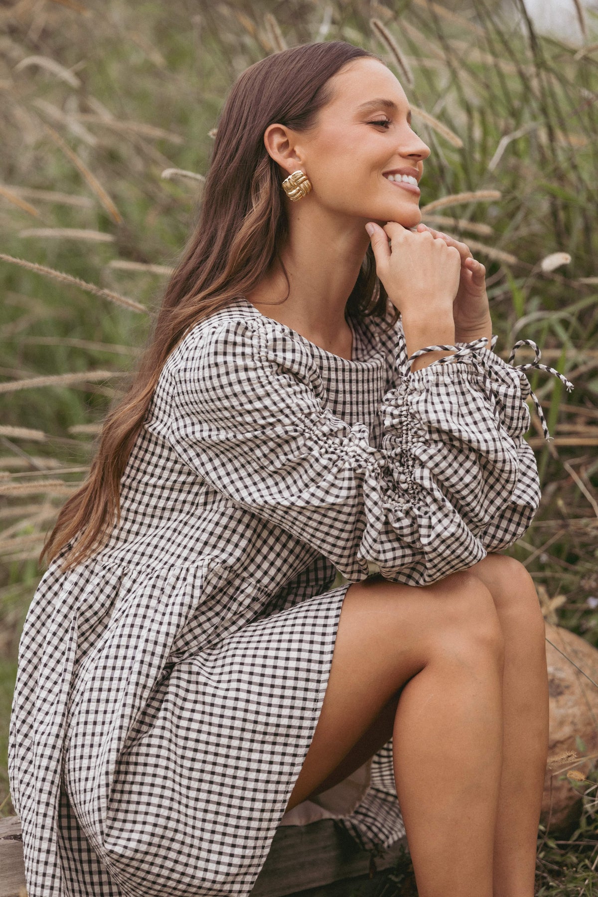 Micaela Long Sleeve Mini Dress in Black Gingham – view 1 of 7