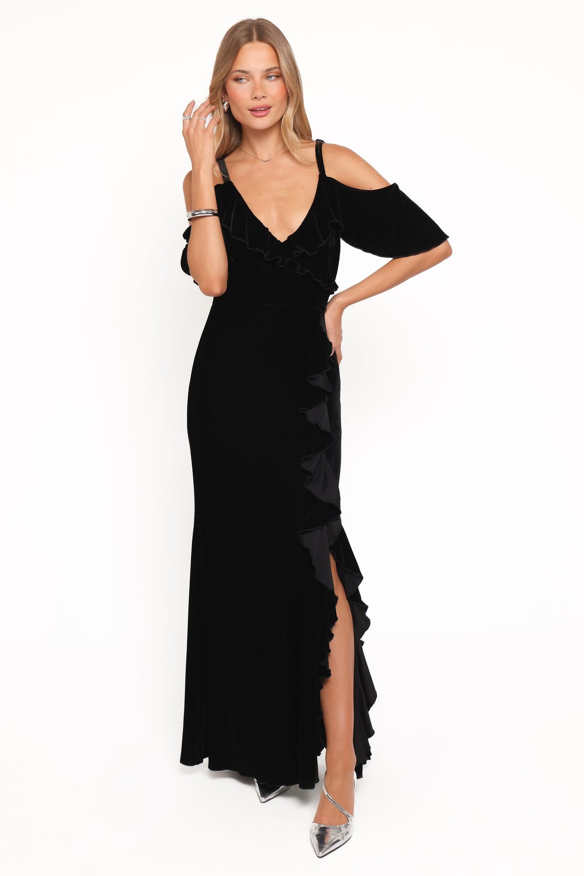 Micah Off Shoulder Velvet Maxi Dress in Black – view 5 of 6