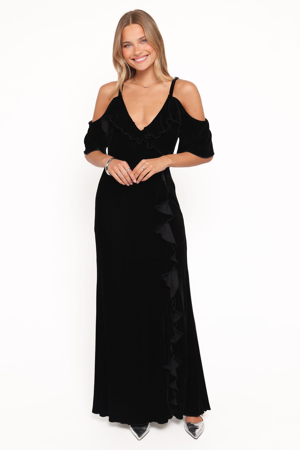 Micah Off Shoulder Velvet Maxi Dress in Black – view 1 of 6