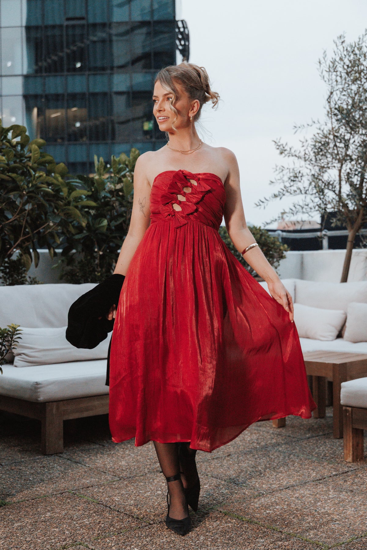 Mila Strapless Midi Dress in Red – view 1 of 8