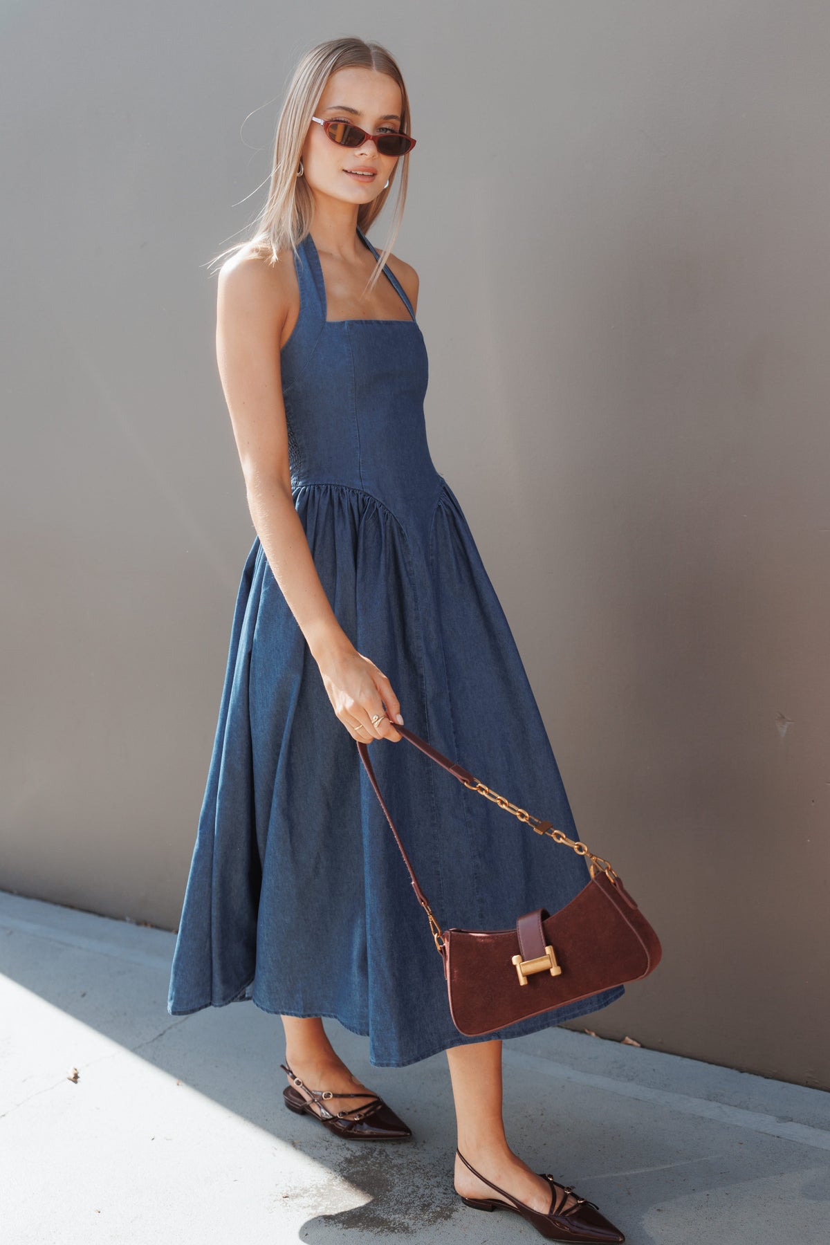 Milford Halterneck Midi Dress in Dark Denim – view 1 of 7