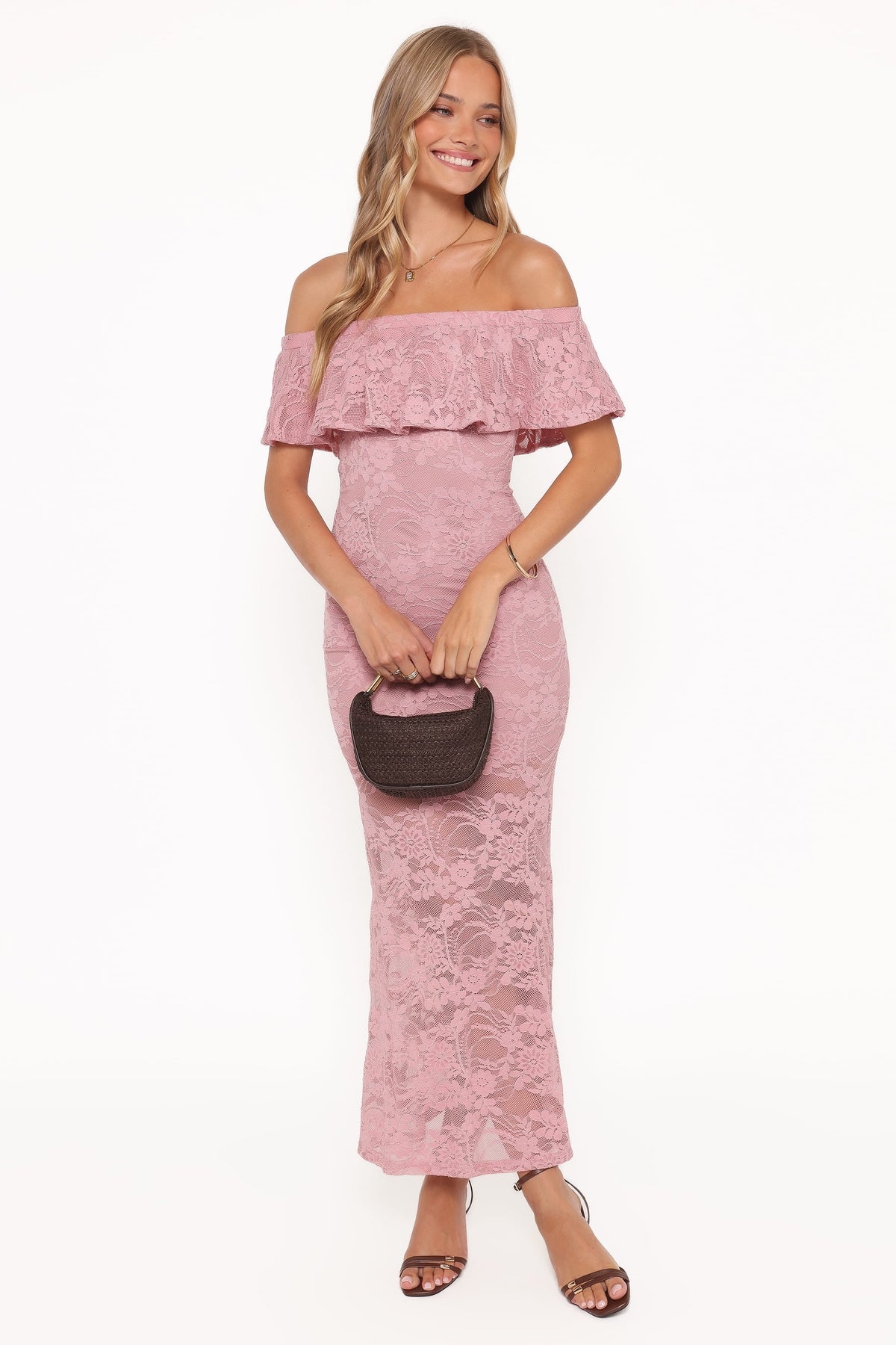 Mirelle Off Shoulder Lace Maxi Dress in Pink – view 1 of 6