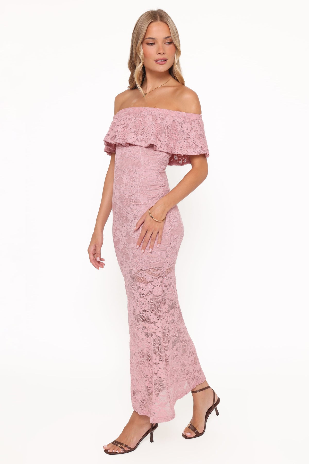 Mirelle Off Shoulder Lace Maxi Dress in Pink – view 3 of 6