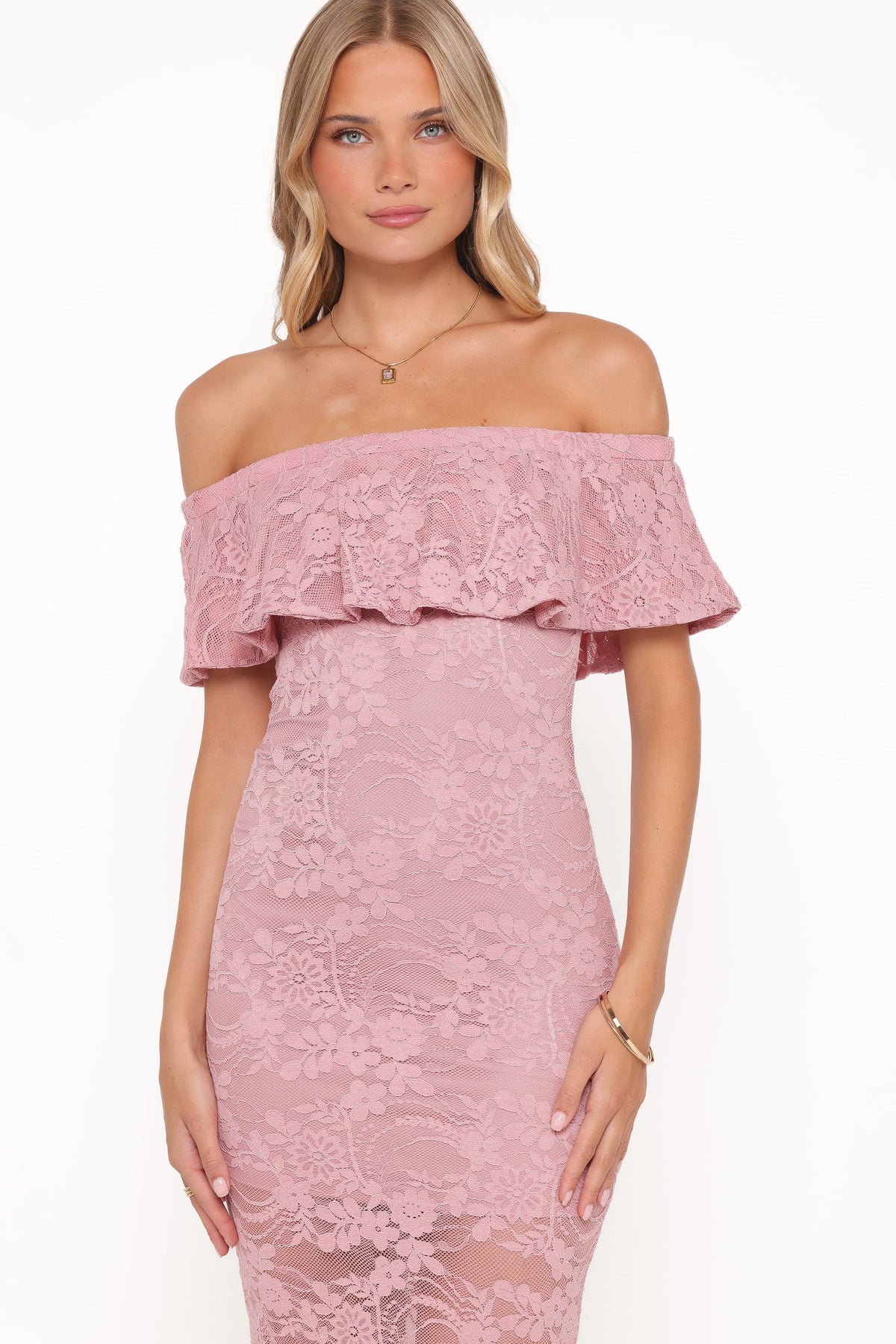 Mirelle Off Shoulder Lace Maxi Dress in Pink – view 2 of 6