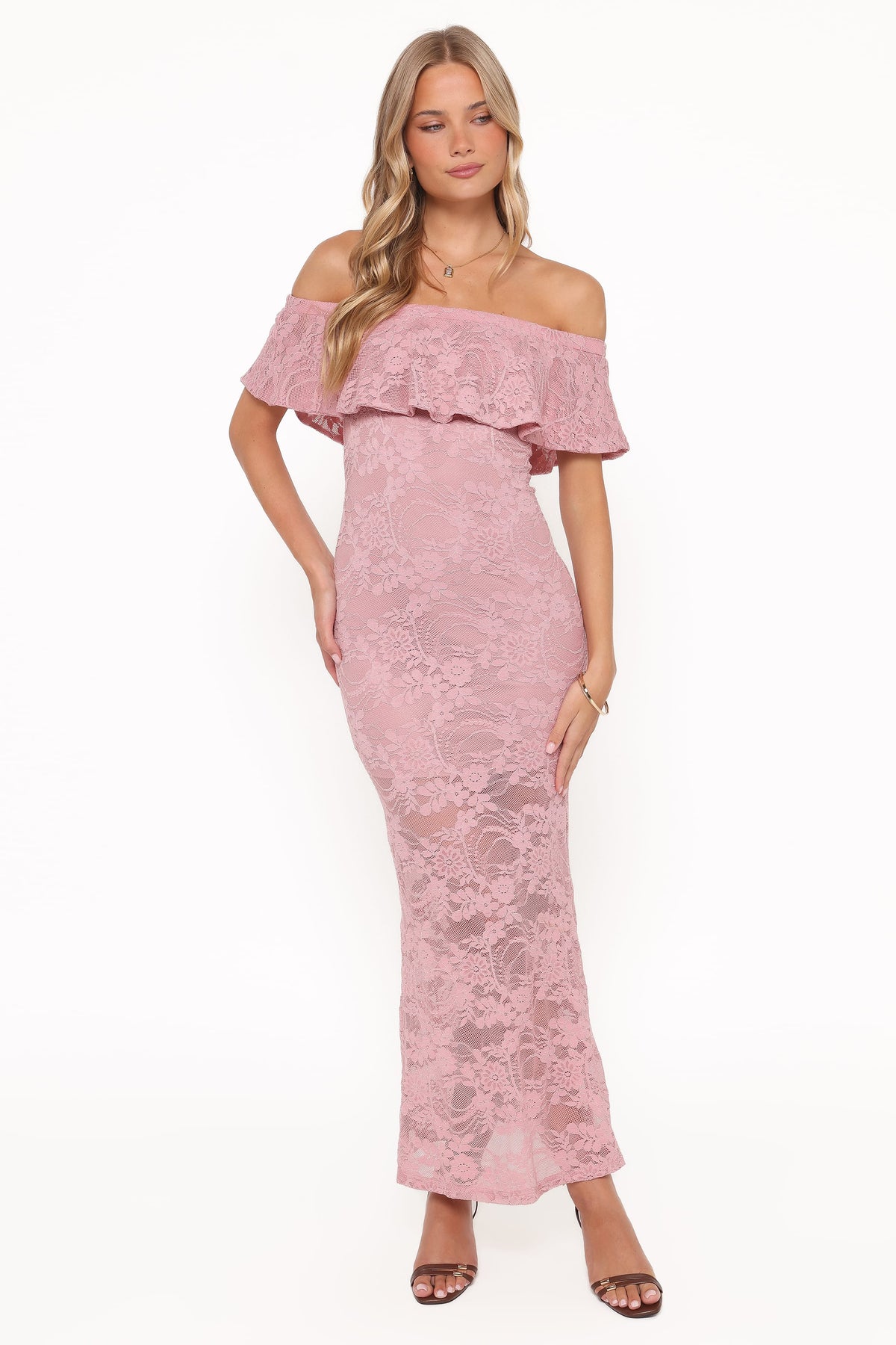 Mirelle Off Shoulder Lace Maxi Dress in Pink – view 5 of 6