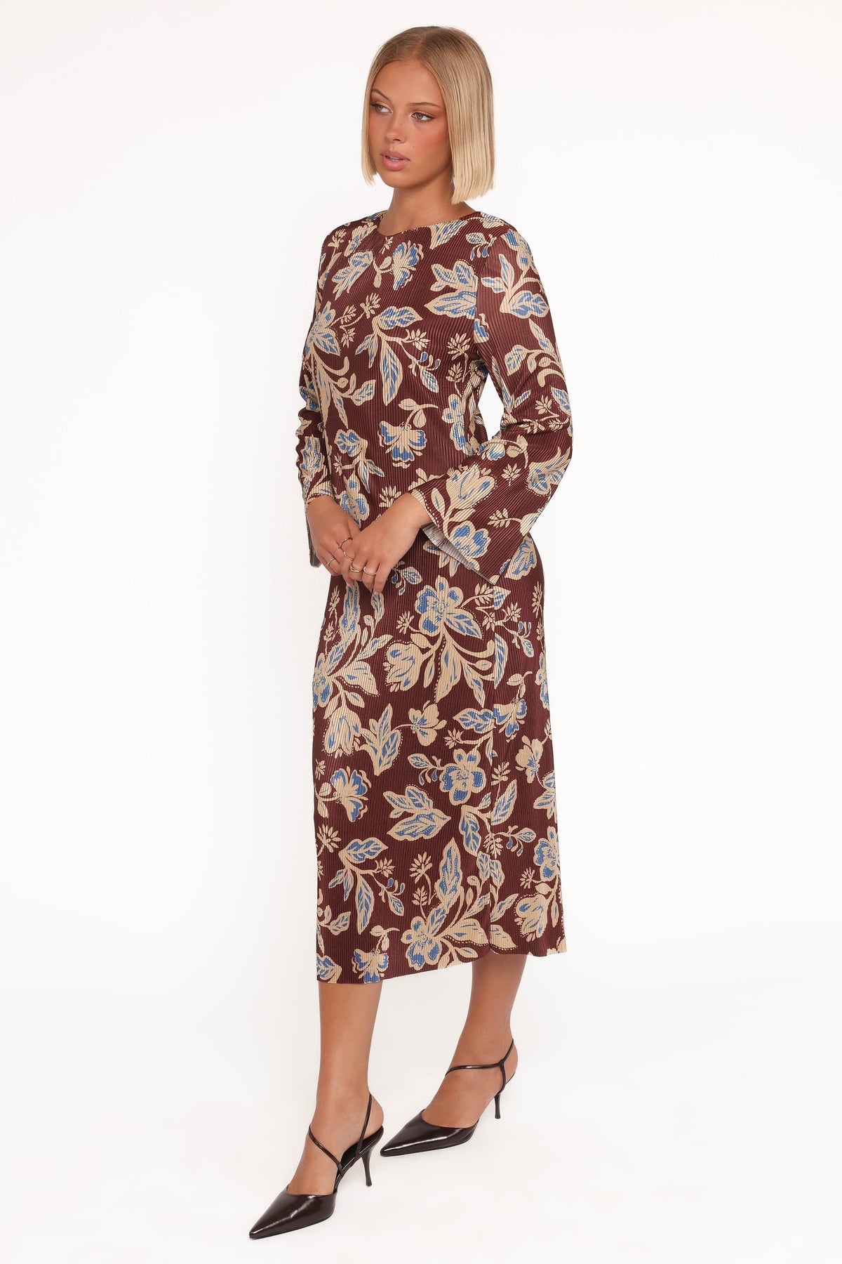 Morena Long Sleeve Midi Dress in Brown Floral – view 3 of 6