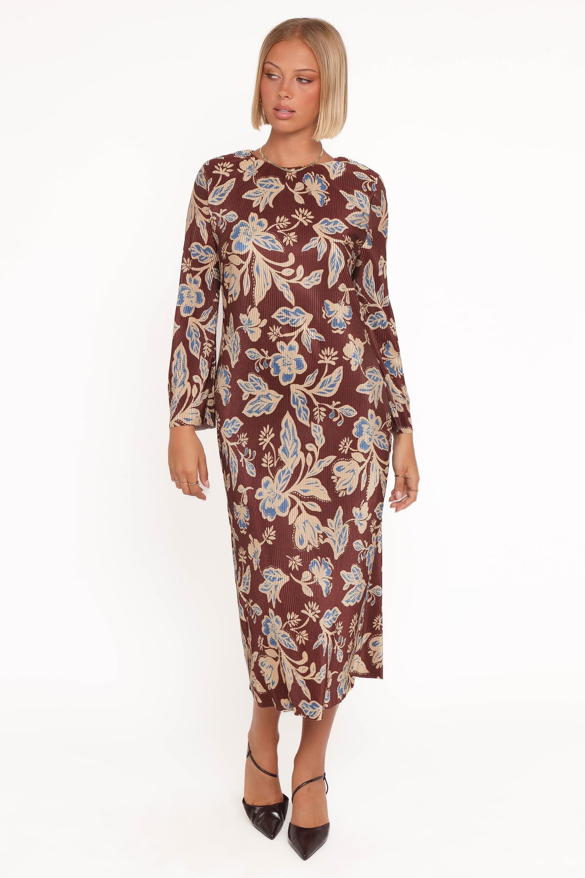 Morena Long Sleeve Midi Dress in Brown Floral – view 5 of 6