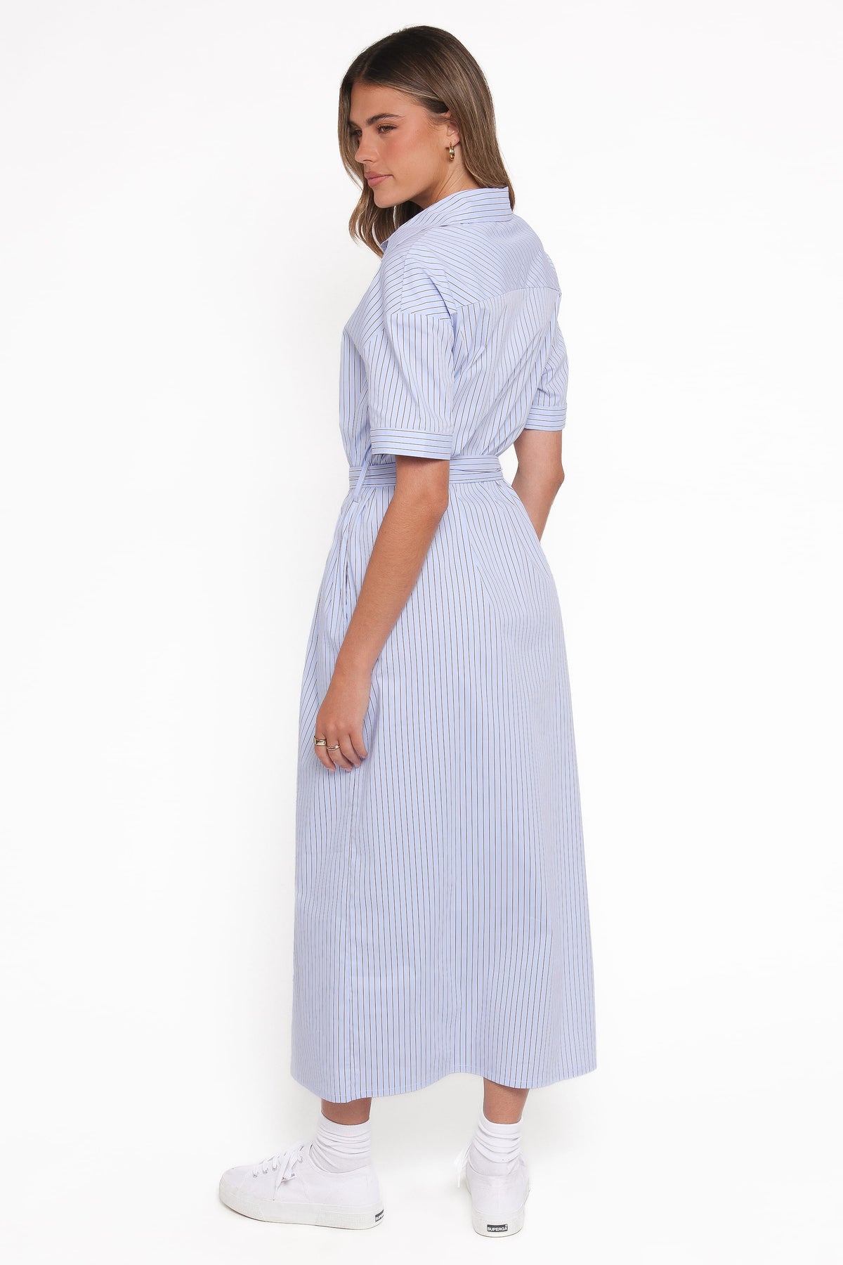 Morrison Short Sleeve Shirt Dress in Blue Brown Stripe – view 5 of 7