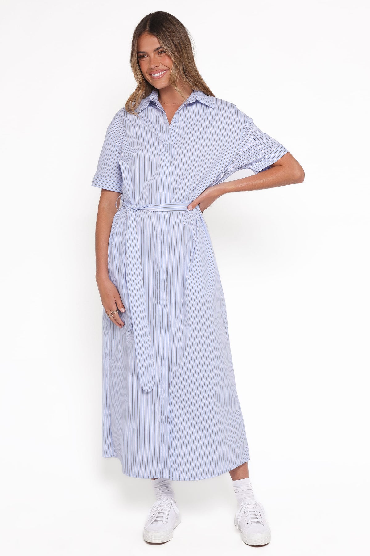 Morrison Short Sleeve Shirt Dress in Blue Brown Stripe – view 6 of 7