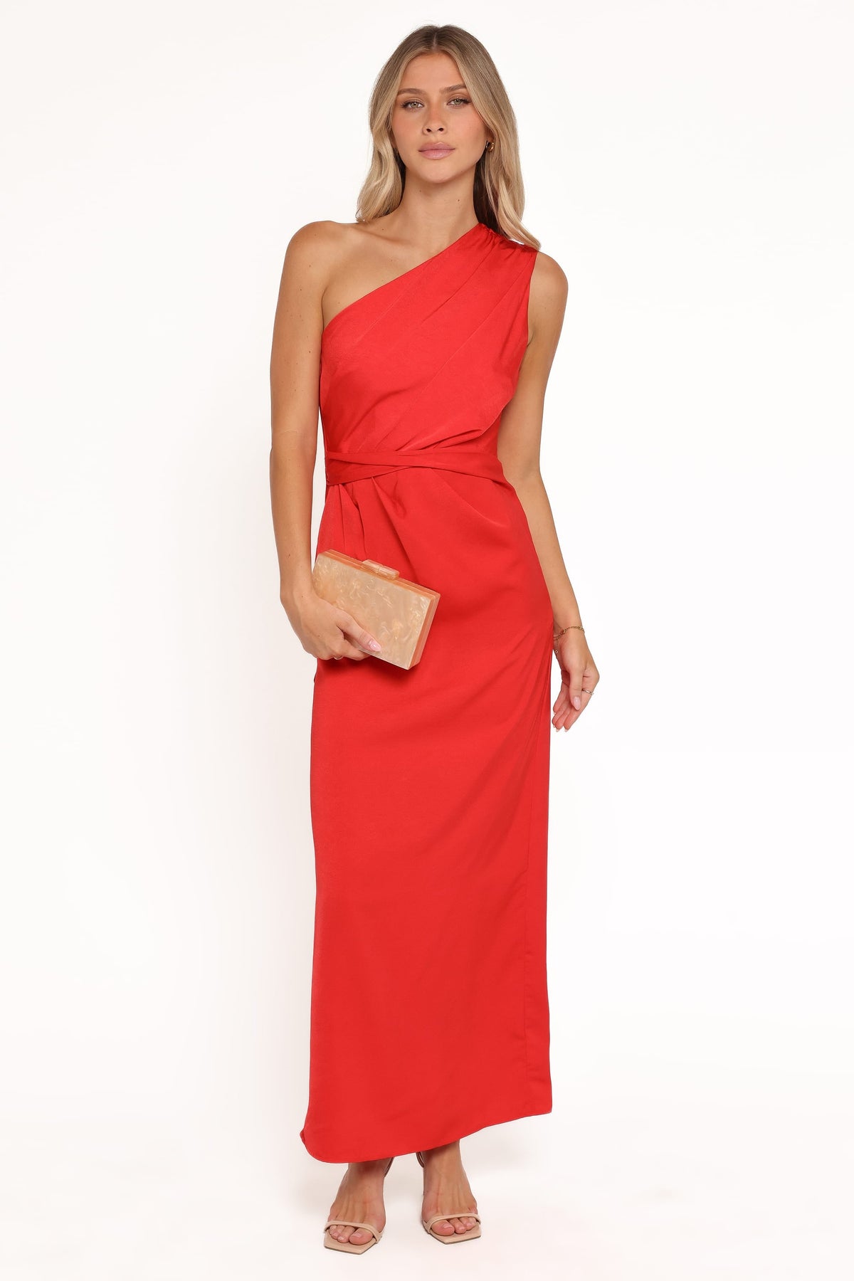 Nadia One Shoulder Maxi Dress in Red Jacquard Satin – view 1 of 7