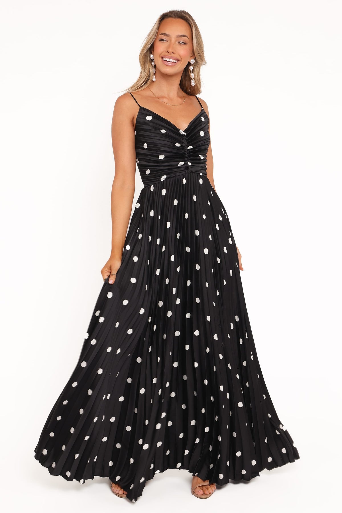 Naira Pleated Maxi Dress in Black Polka Dot – view 2 of 8