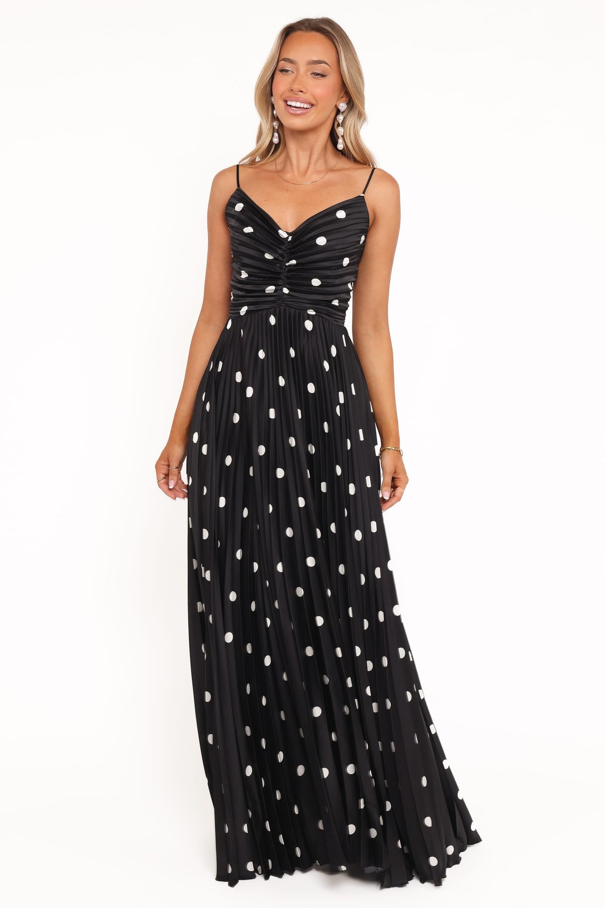 Naira Pleated Maxi Dress in Black Polka Dot – view 7 of 8
