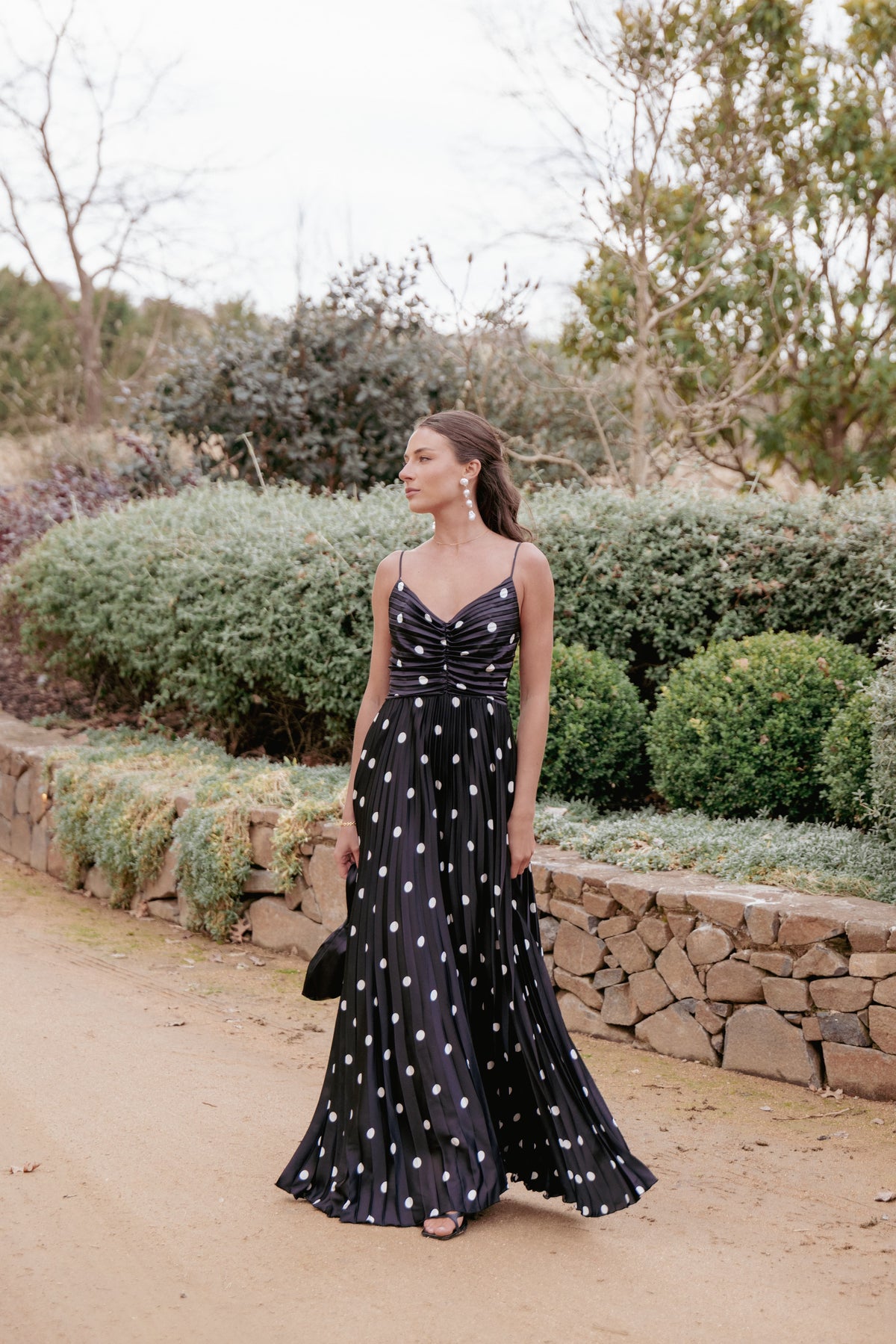 Naira Pleated Maxi Dress in Black Polka Dot – view 1 of 8