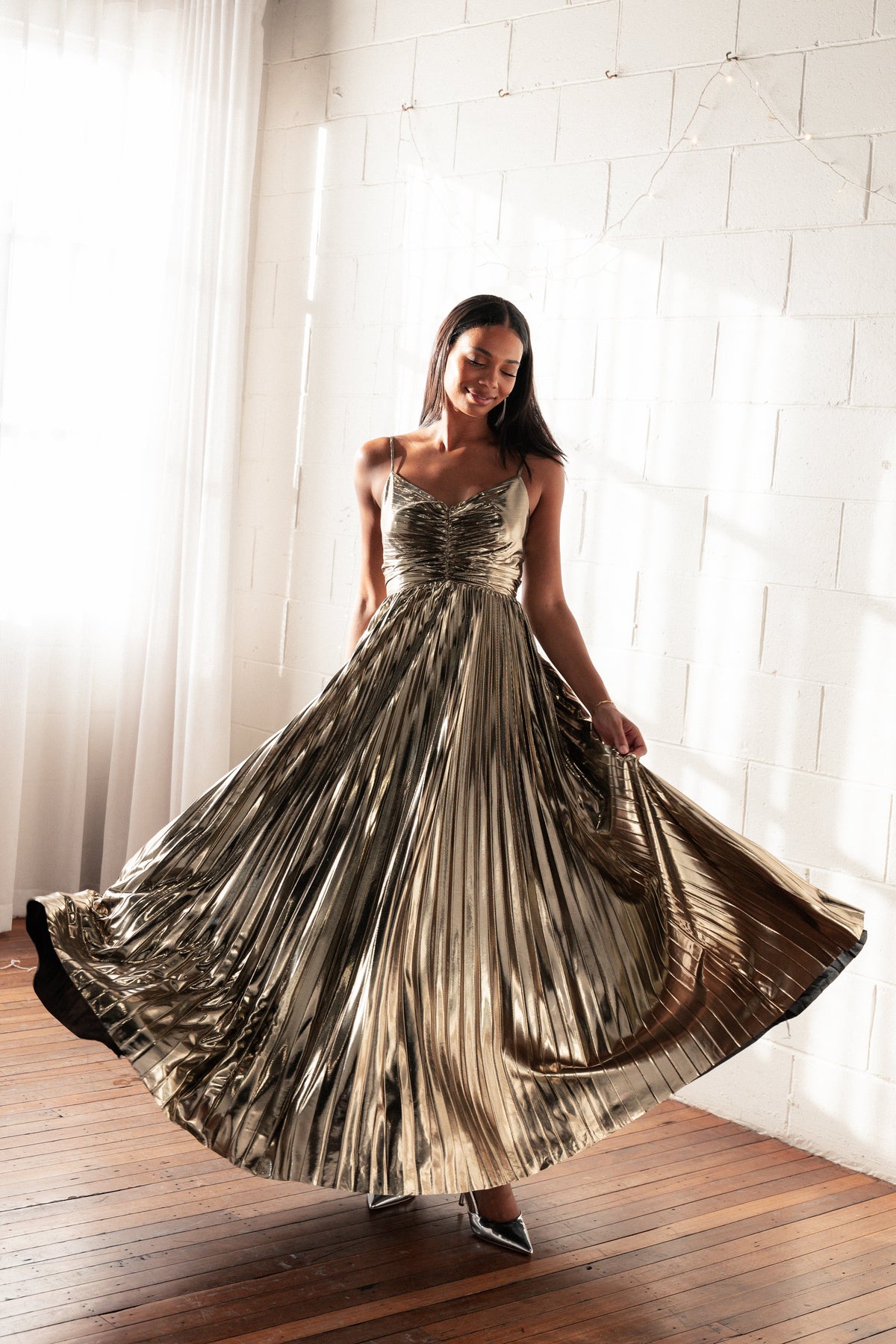 Naira Pleated Maxi Dress in Gold – view 1 of 9