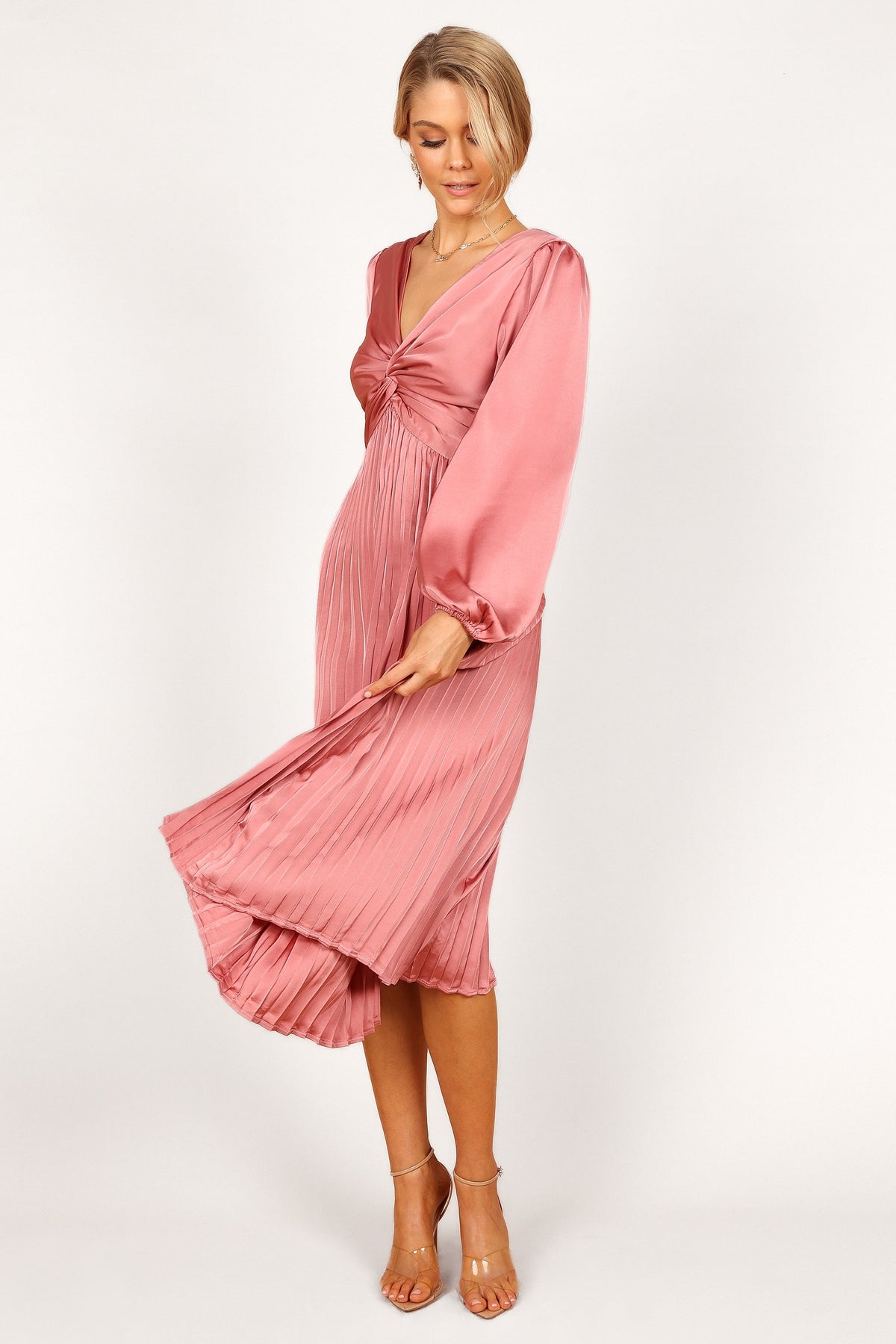 Noelle Twist Front Pleated Midi Dress in Blush – view 7 of 8