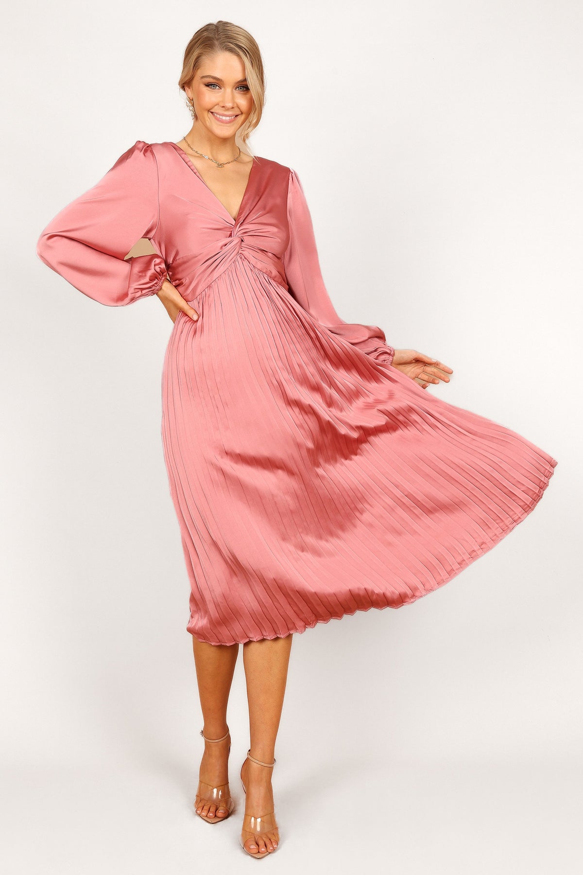 Noelle Twist Front Pleated Midi Dress in Blush – view 3 of 8