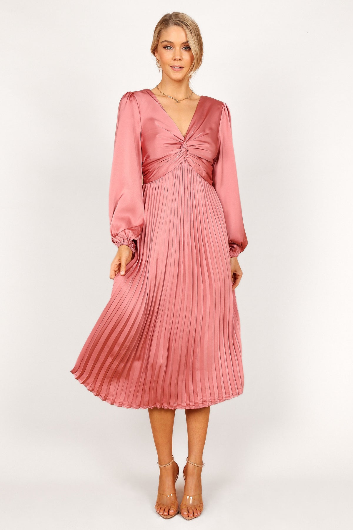 Noelle Twist Front Pleated Midi Dress in Blush – view 1 of 8