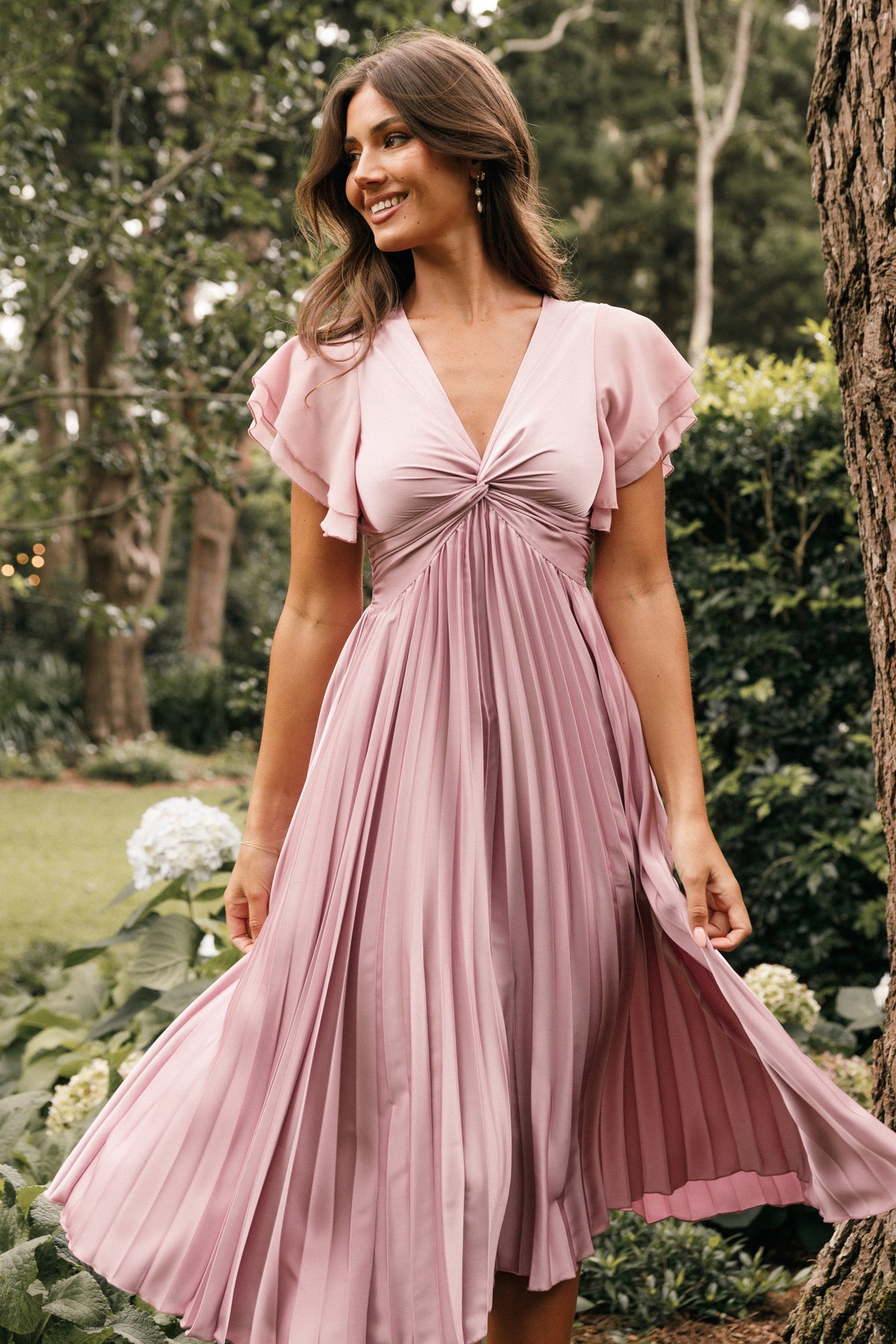 Nova Flutter Sleeve Midi Dress in Dusty Rose – view 1 of 12