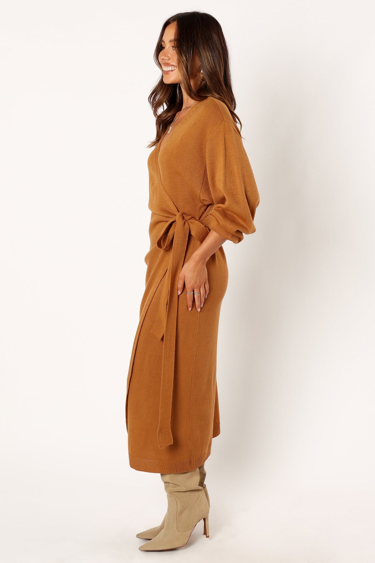 Nova Wrap Knit Midi Dress in Camel – view 5 of 12