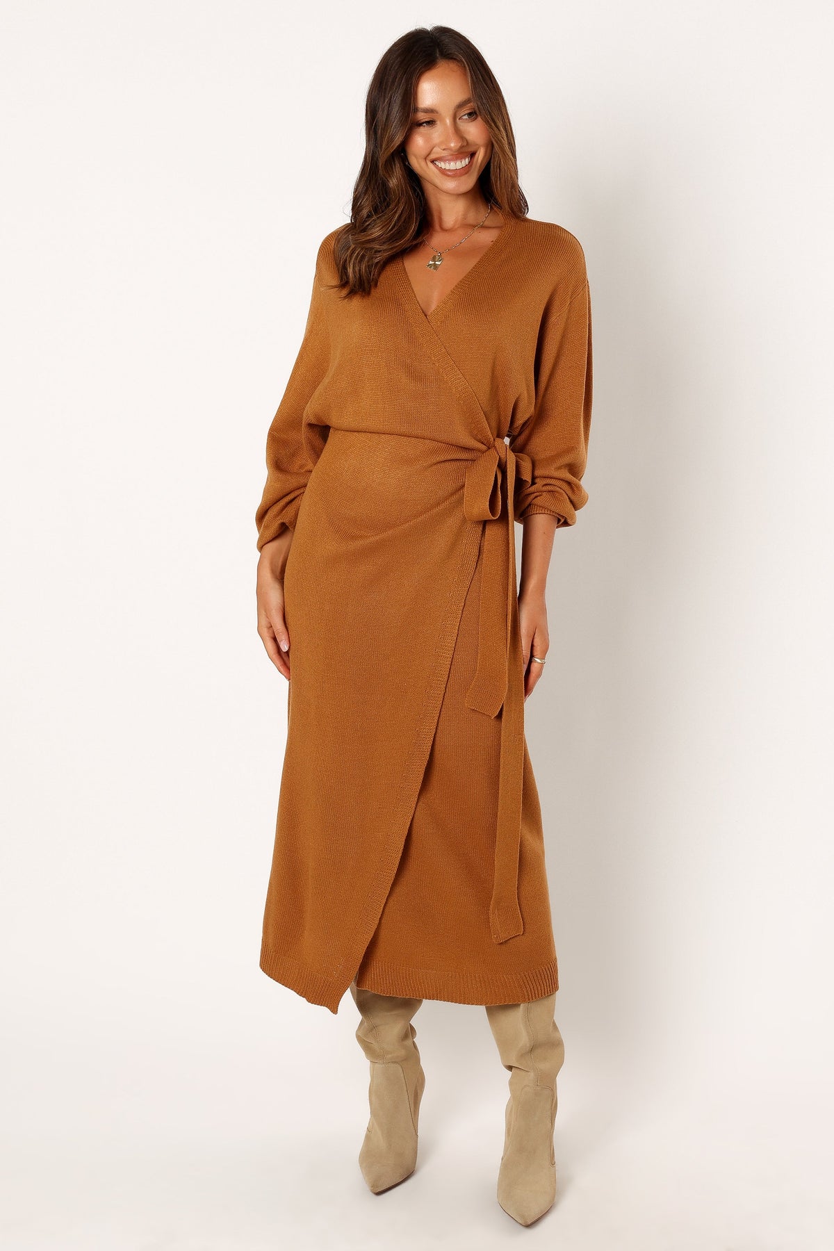 Nova Wrap Knit Midi Dress in Camel – view 8 of 12