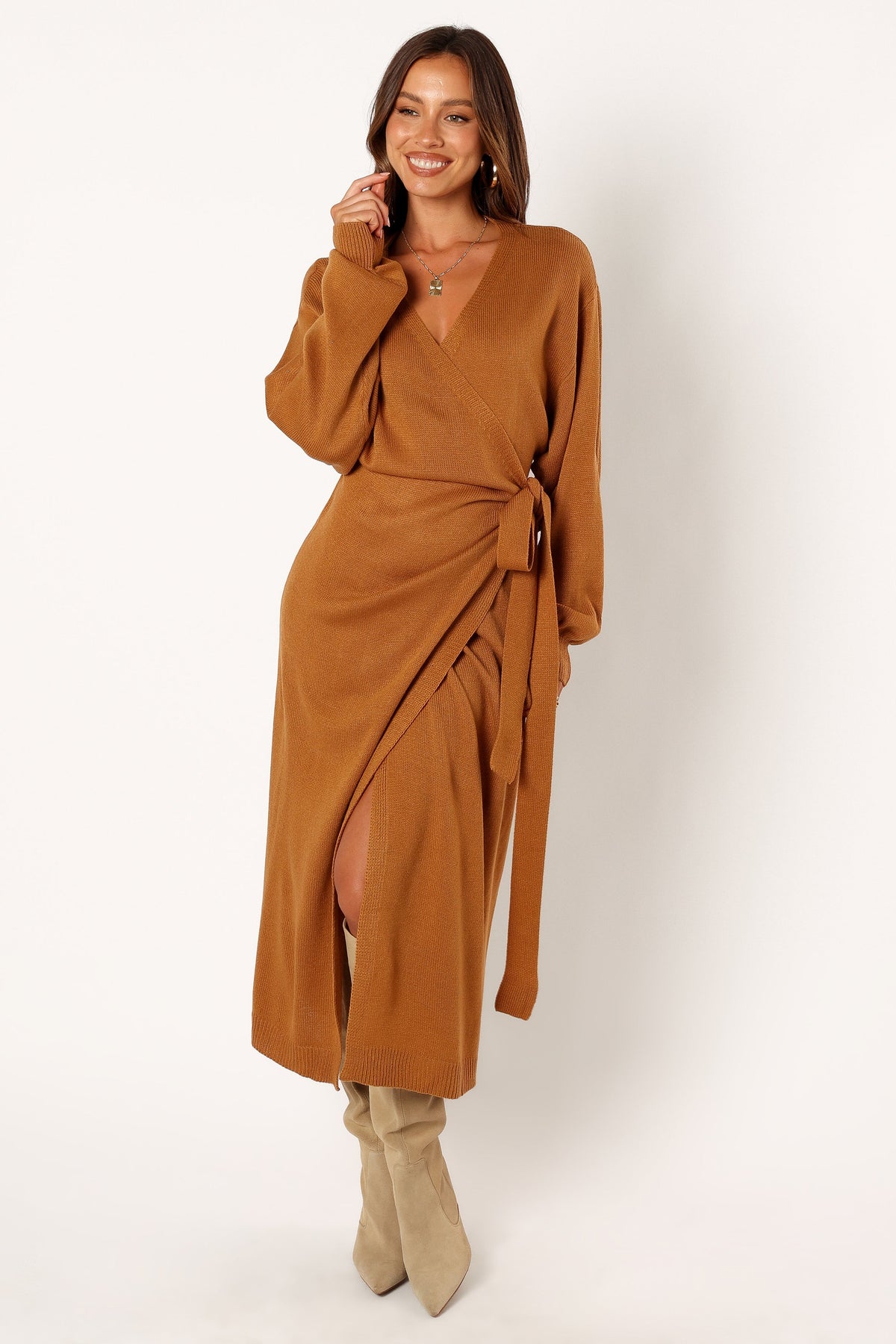 Nova Wrap Knit Midi Dress in Camel – view 9 of 12