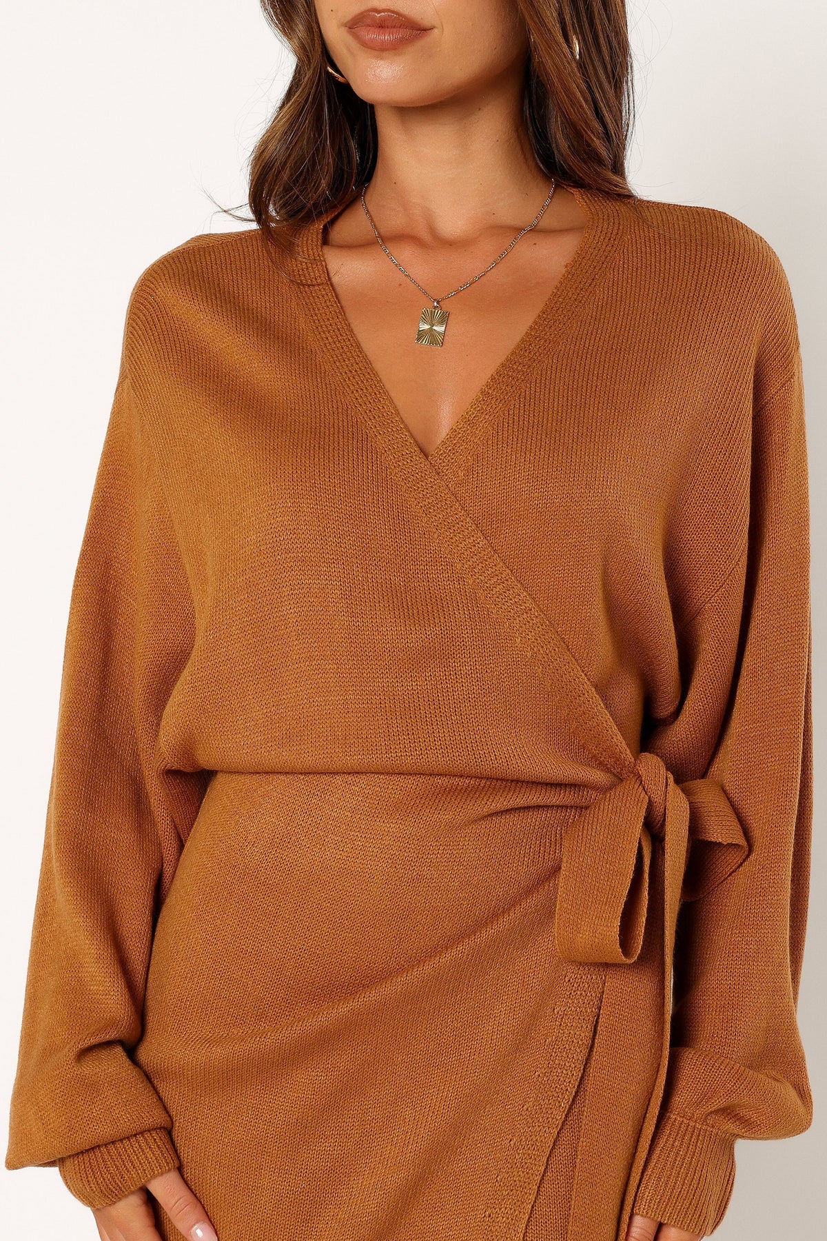 Nova Wrap Knit Midi Dress in Camel – view 11 of 12