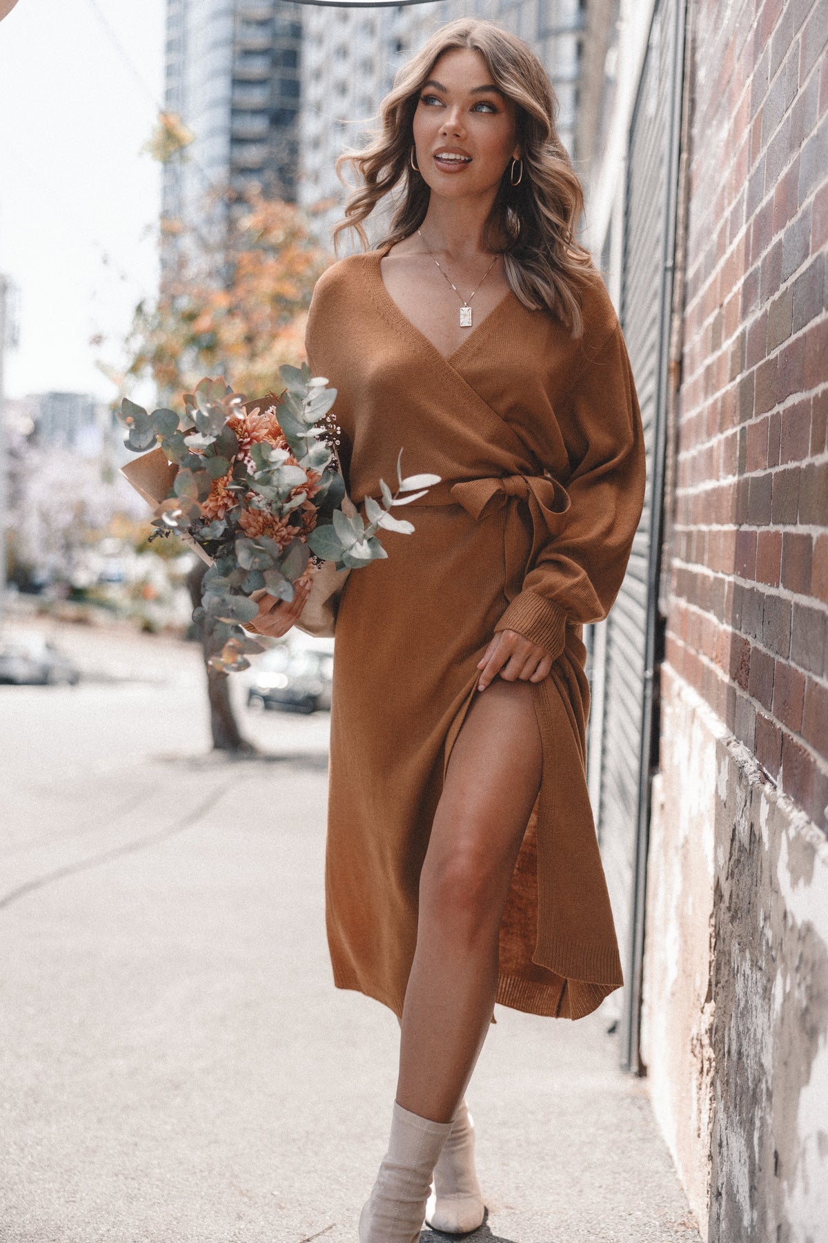 Nova Wrap Knit Midi Dress in Camel – view 2 of 12