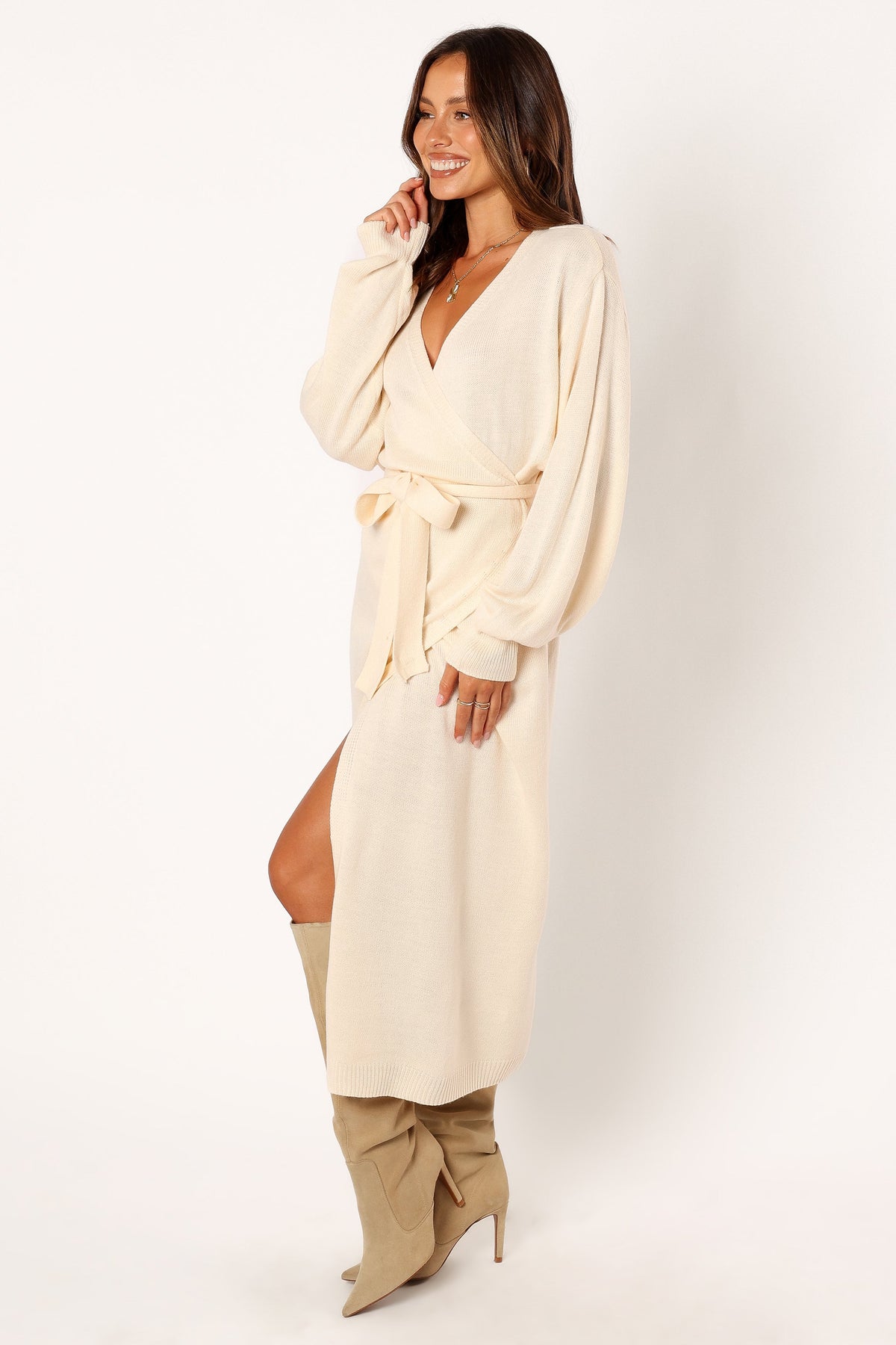 Nova Wrap Knit Midi Dress in Taupe – view 3 of 10