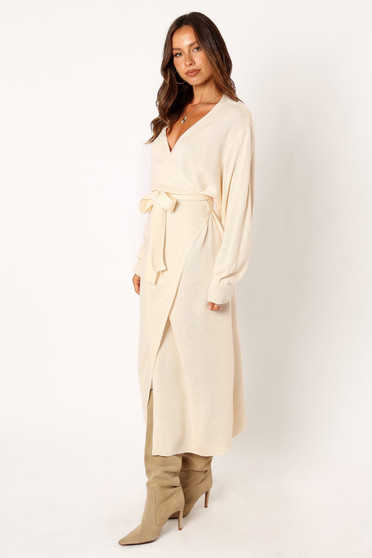 Nova Wrap Knit Midi Dress in Taupe – view 4 of 10