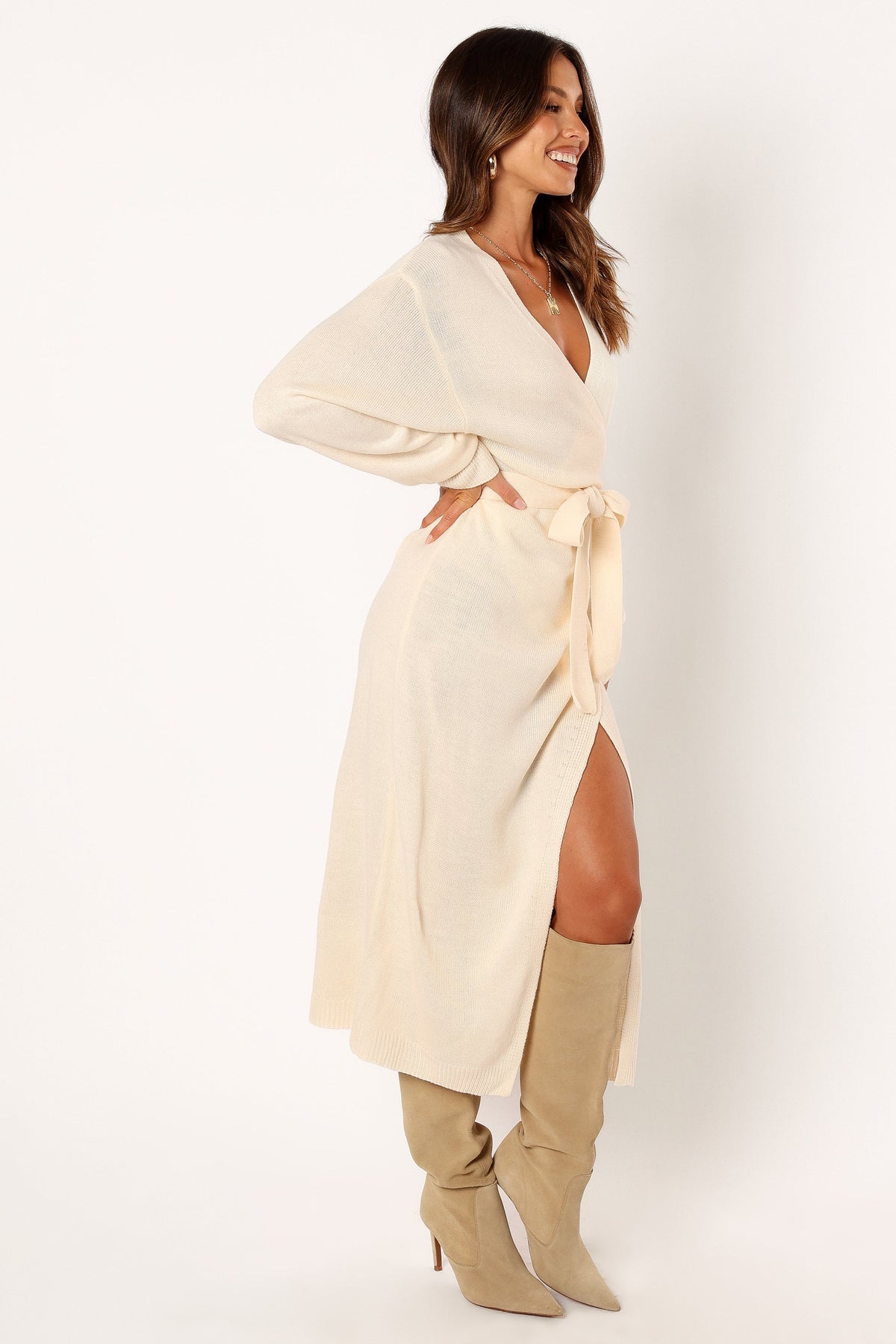 Nova Wrap Knit Midi Dress in Taupe – view 6 of 10