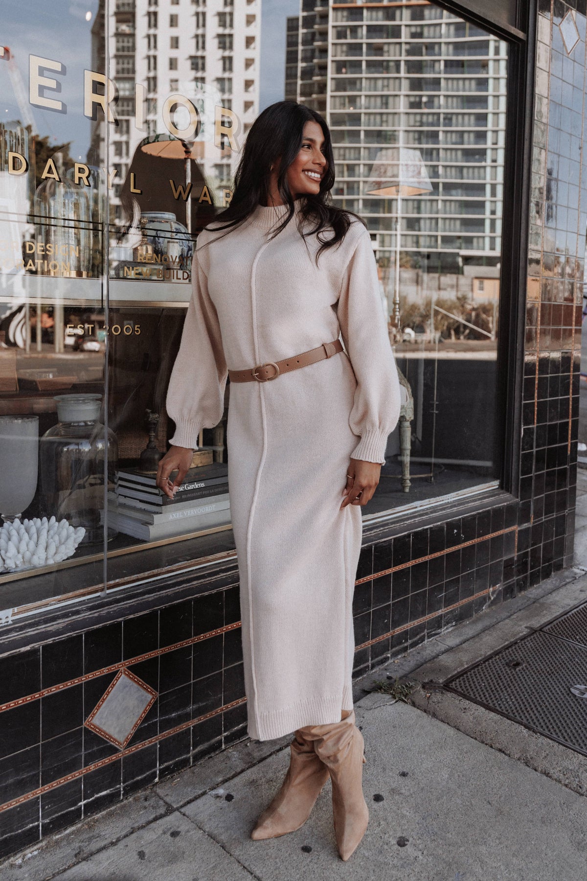 Odile Knit Midi Dress in Tan – view 1 of 8