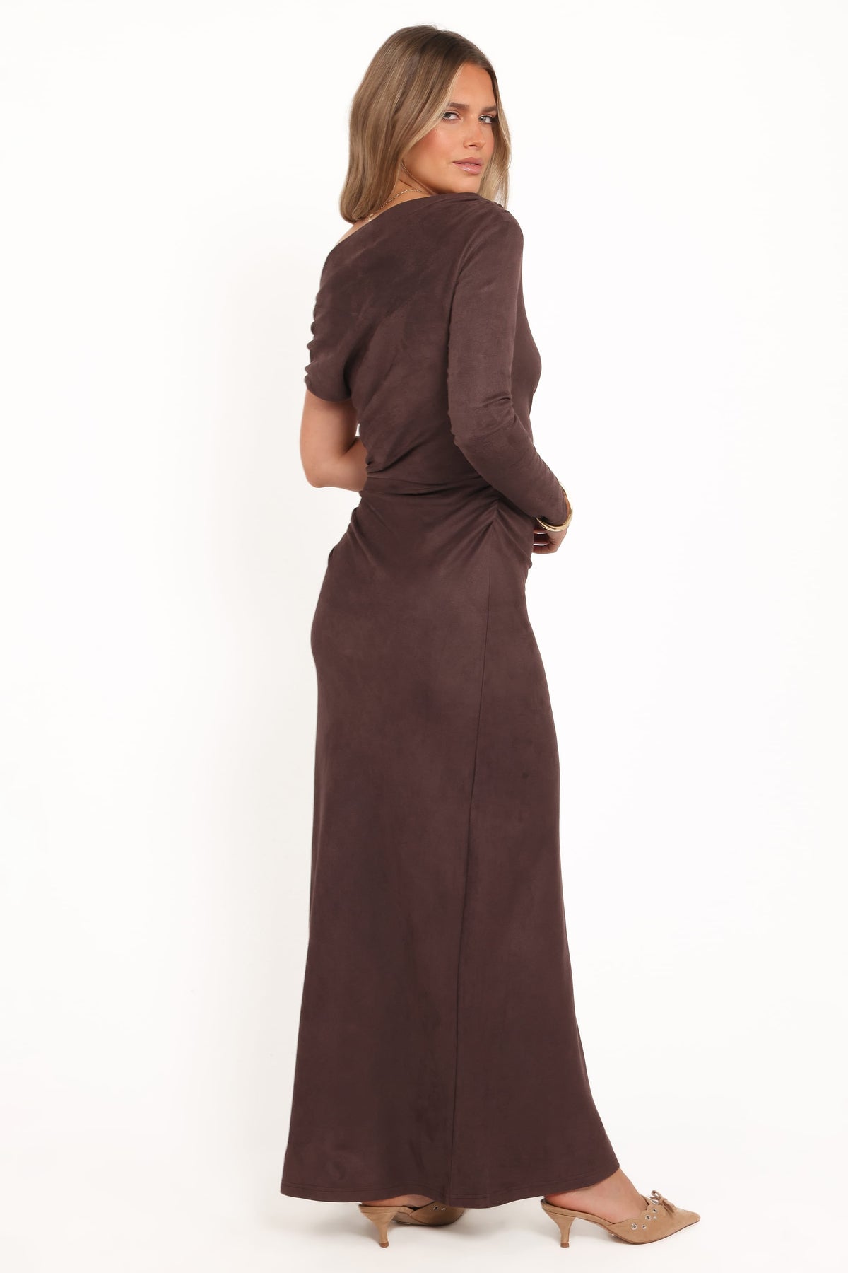 Olympia Off Shoulder Maxi Dress in Chocolate – view 5 of 7