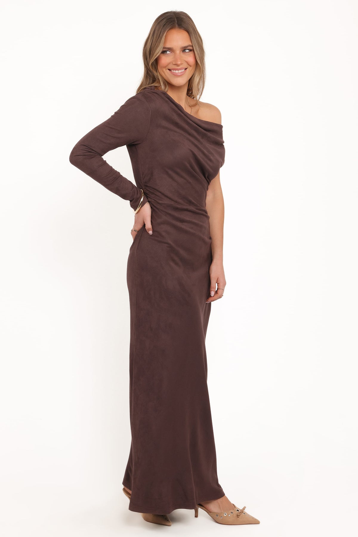 Olympia Off Shoulder Maxi Dress in Chocolate – view 4 of 7