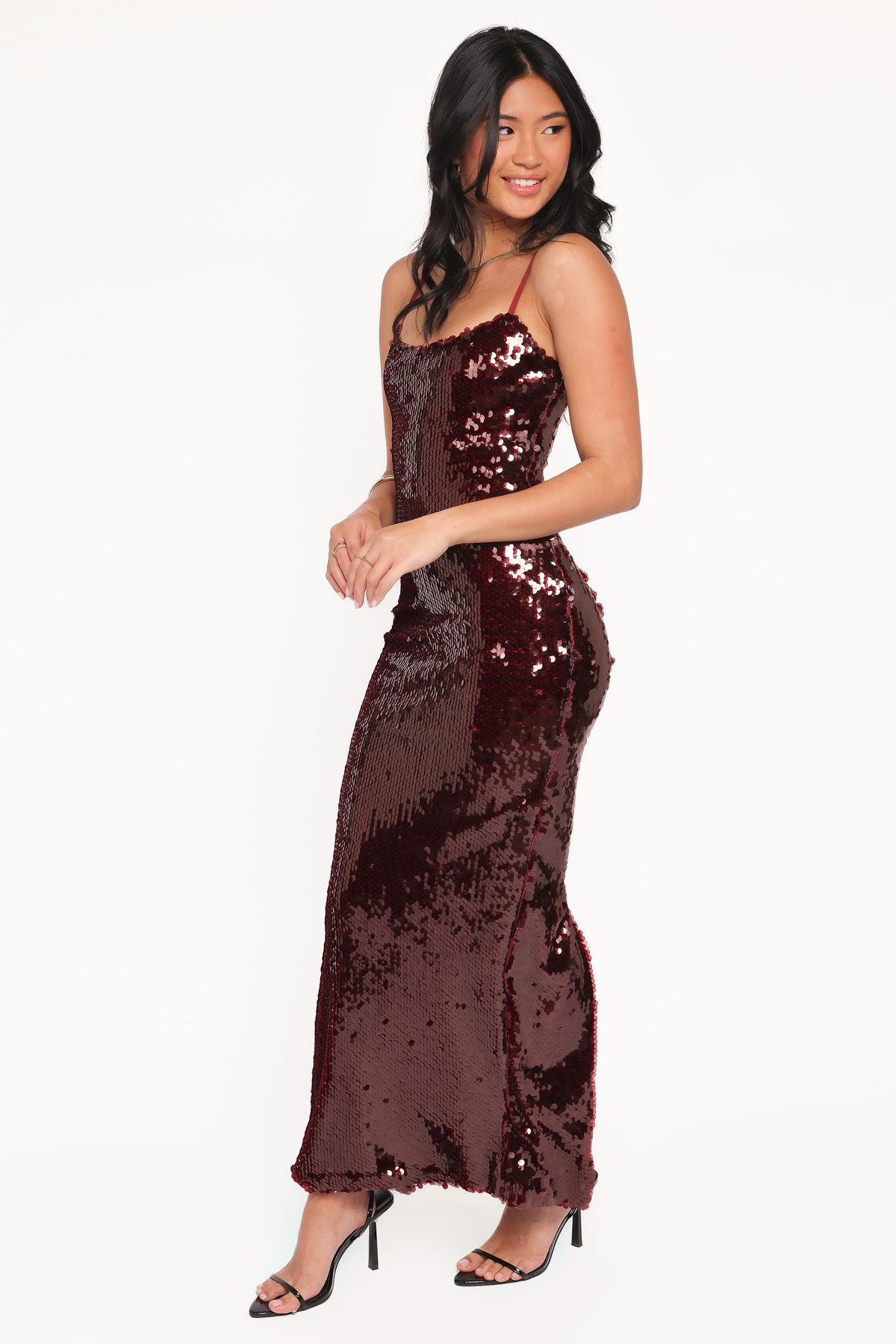 Orlena Sequin Midi Dress in Burgundy – view 3 of 6