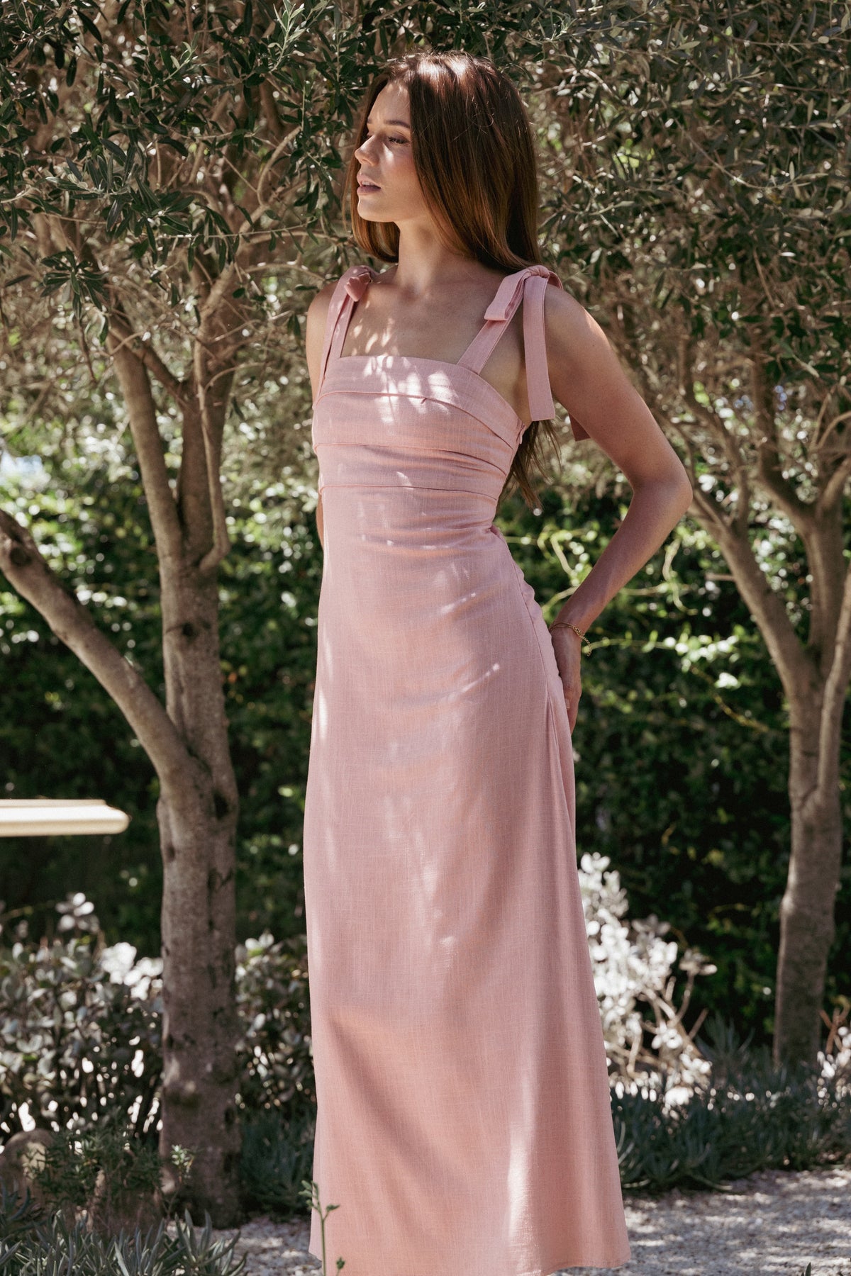 Patterson Tie Shoulder Midi Dress in Blush – view 1 of 7